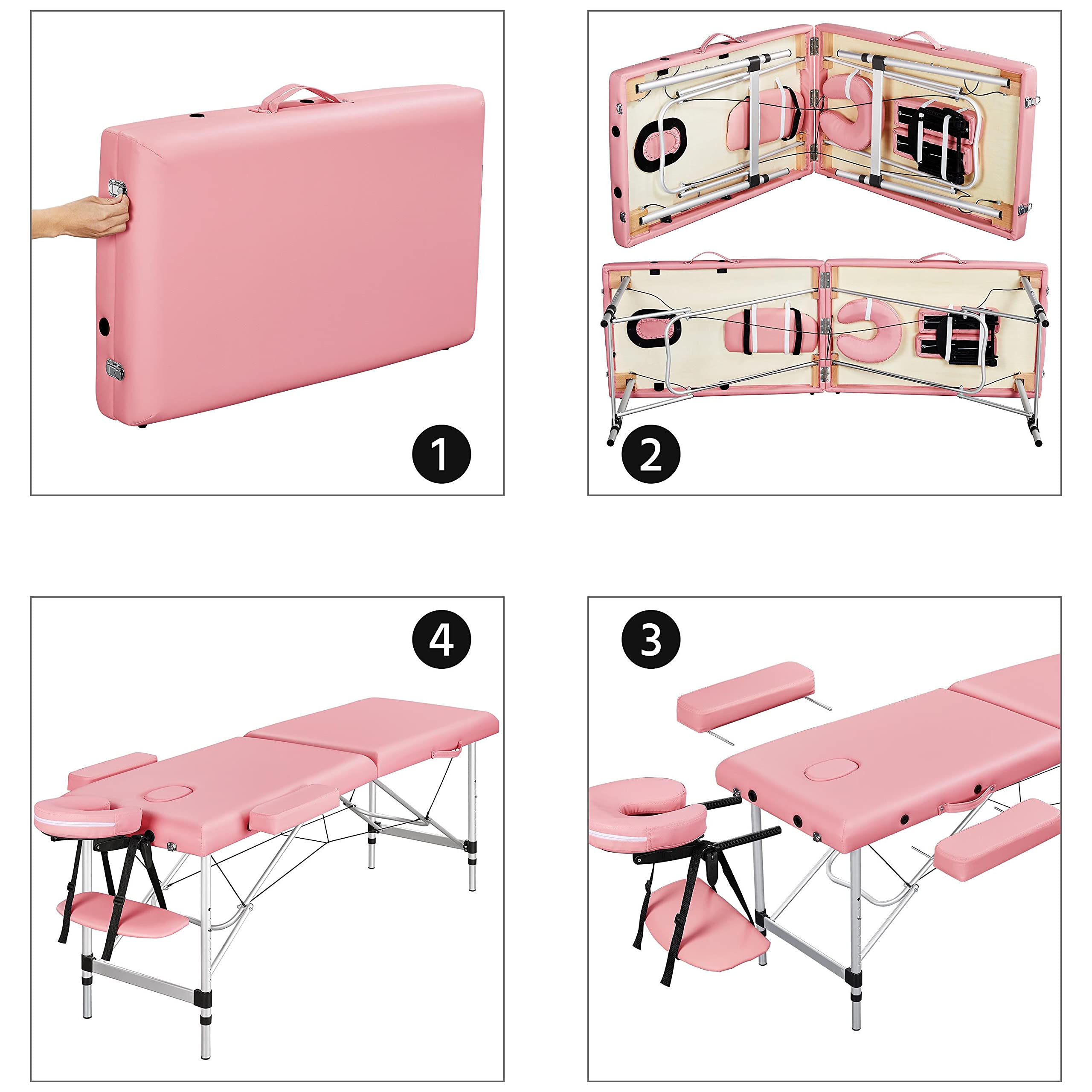 Yaheetech Portable Massage Table - Adjustable Spa Bed for Facial, Tattoo & Eyelash Extensions - Lightweight Aluminum Frame with Pink Vinyl Upholstery - Perfect for Salons, Spas & Home Use
