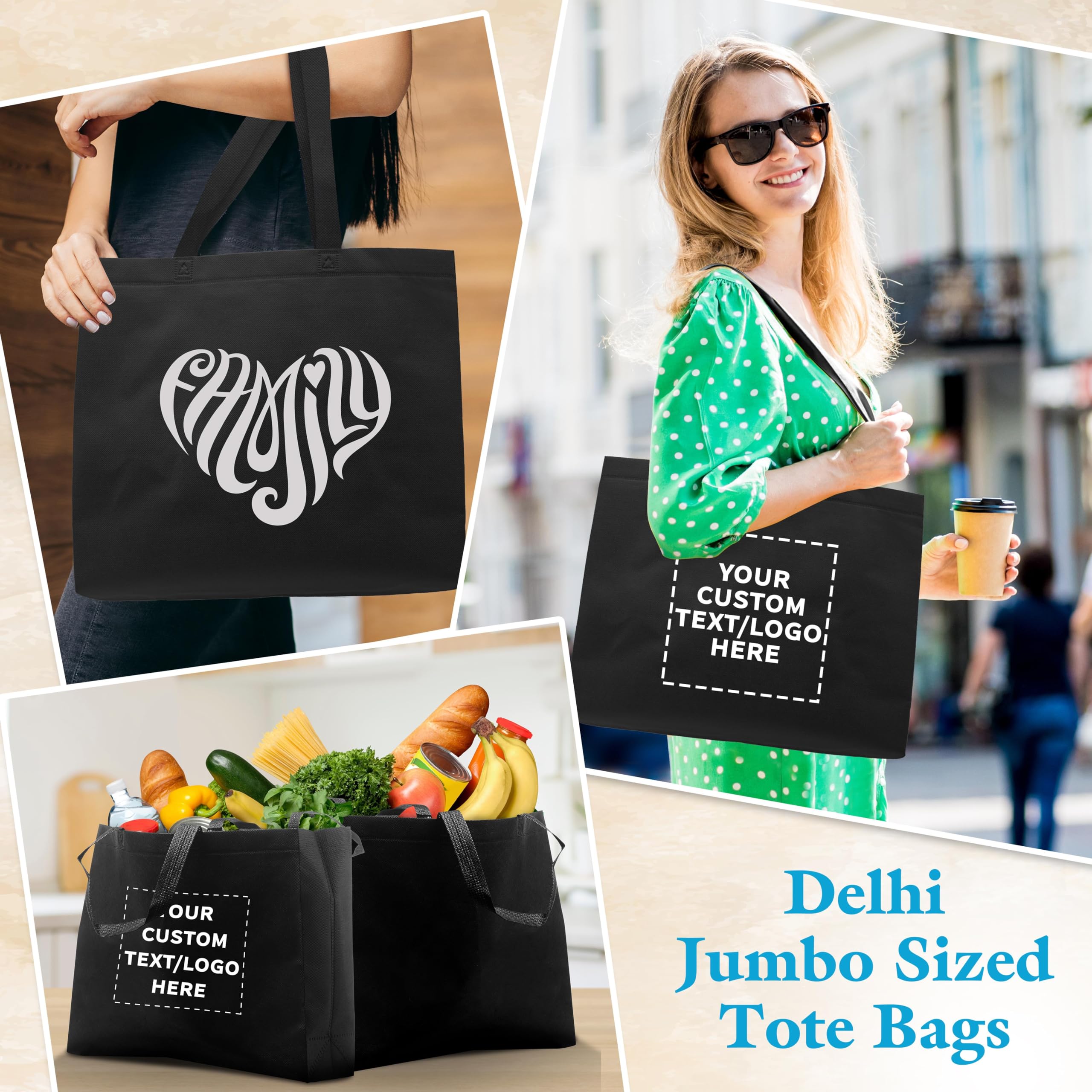 Custom Jumbo Reusable Tote Bags Bulk Pack of 100 - Personalized Grocery & Shopping Bags for Women, Promotional Giveaways - Black | Perfect for Retail Stores, Events, Trade Shows & Eco-Friendly Shopping