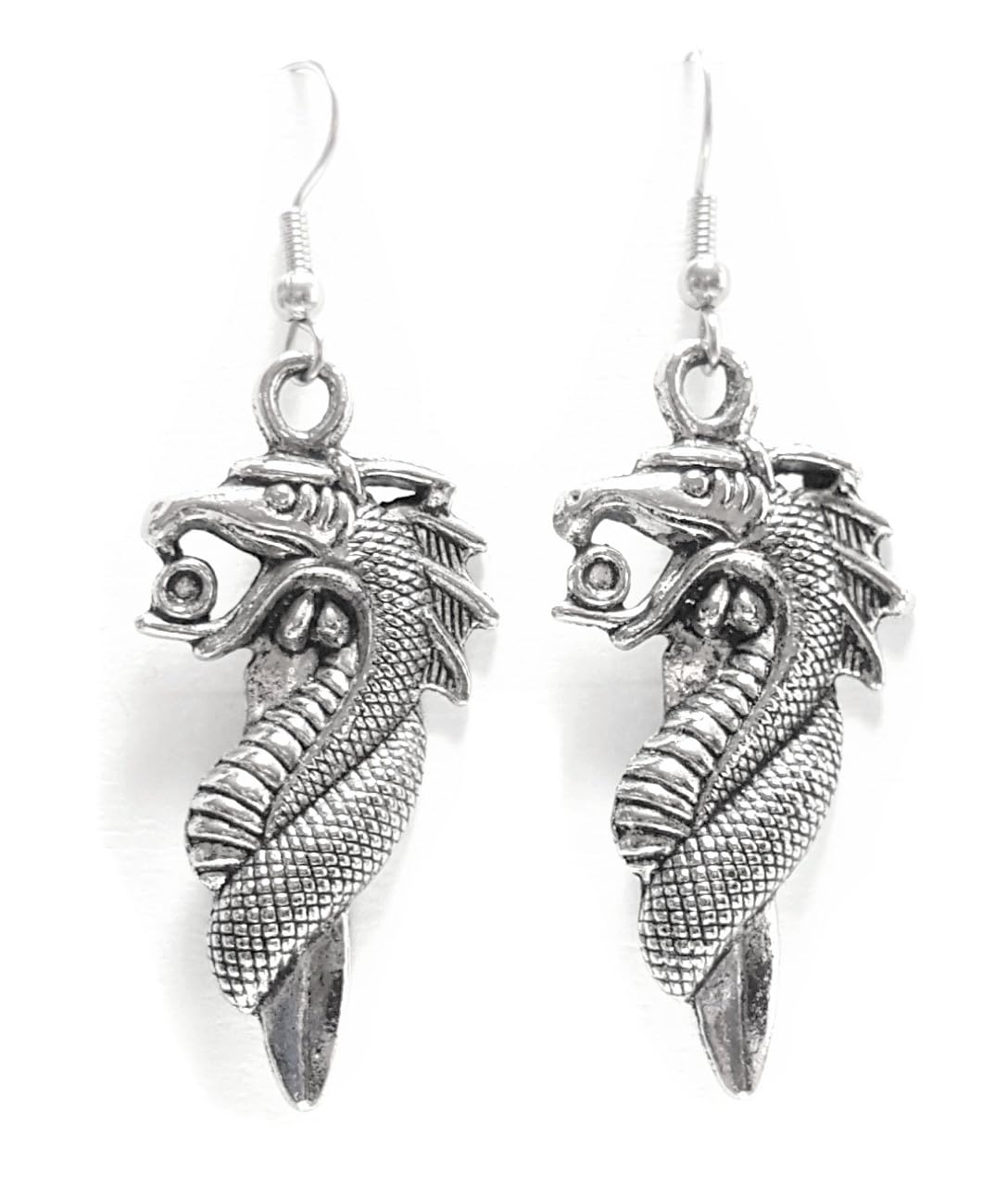 Hypoallergenic Silver Alloy Dragon Charm Dangle Earrings 42x21mm - Fishhook & Ball Post Options for Women | Gothic Jewelry, Fantasy Costume Accessories, Gift for Mythology Lovers