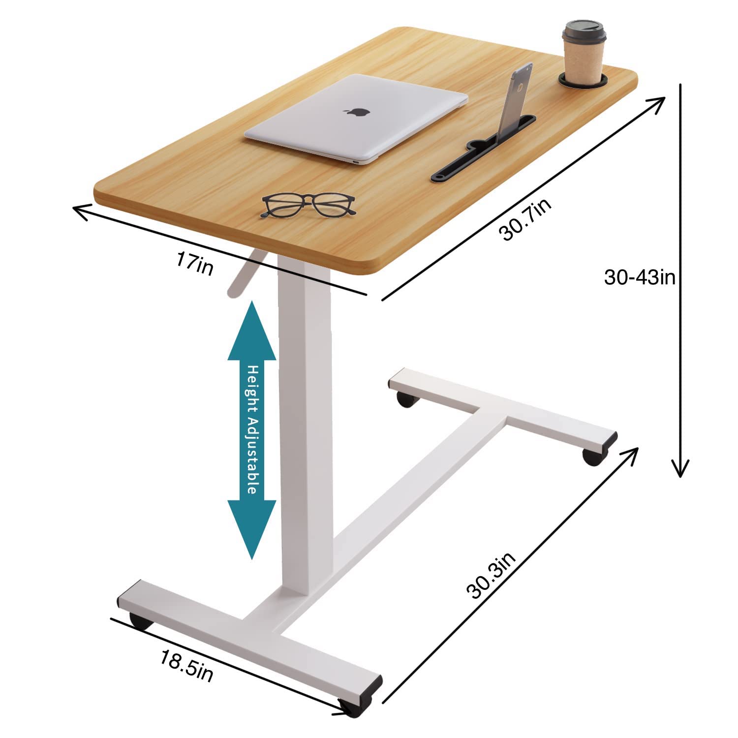 Adjustable Pneumatic Overbed Table - Mobile Laptop Desk with Tray for Hospital, Bedside & Home Office (31