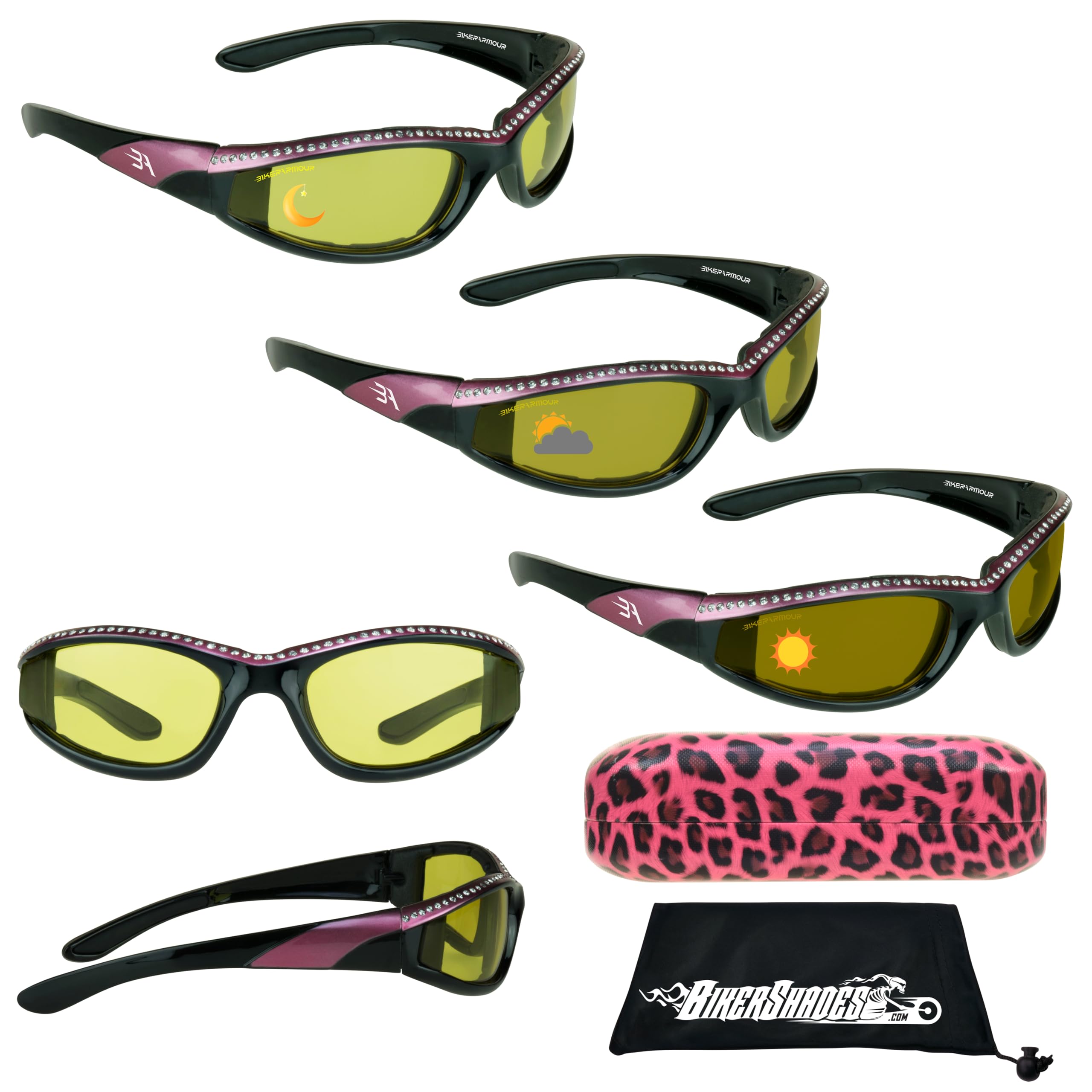 BikerShades Photochromic Motorcycle Riding Glasses for Women - Transitional Lens Adjusts from Day to Night - Rhinestone Accents - Perfect for Commuting, Touring & Adventure Riding