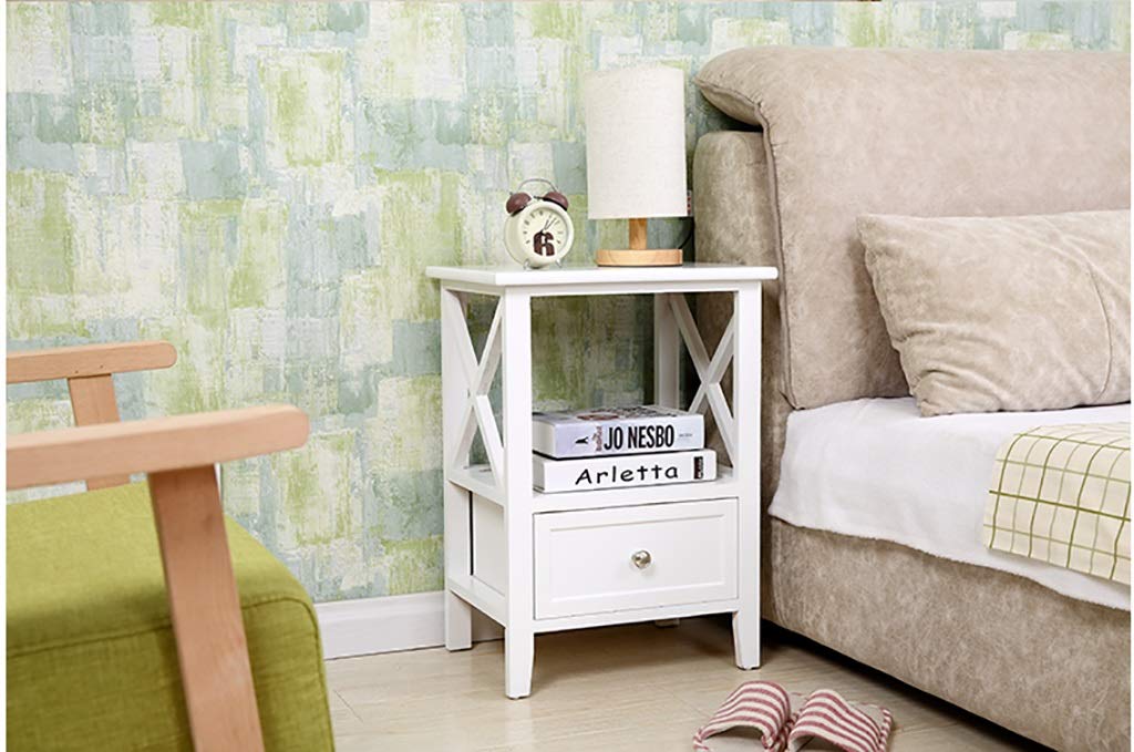 Modern White Nightstand with Drawer & Double Shelf - Sturdy Small Bedside Table, End Table or Sofa Side Table for Living Room & Bedroom - Easy Assembly Storage Solution