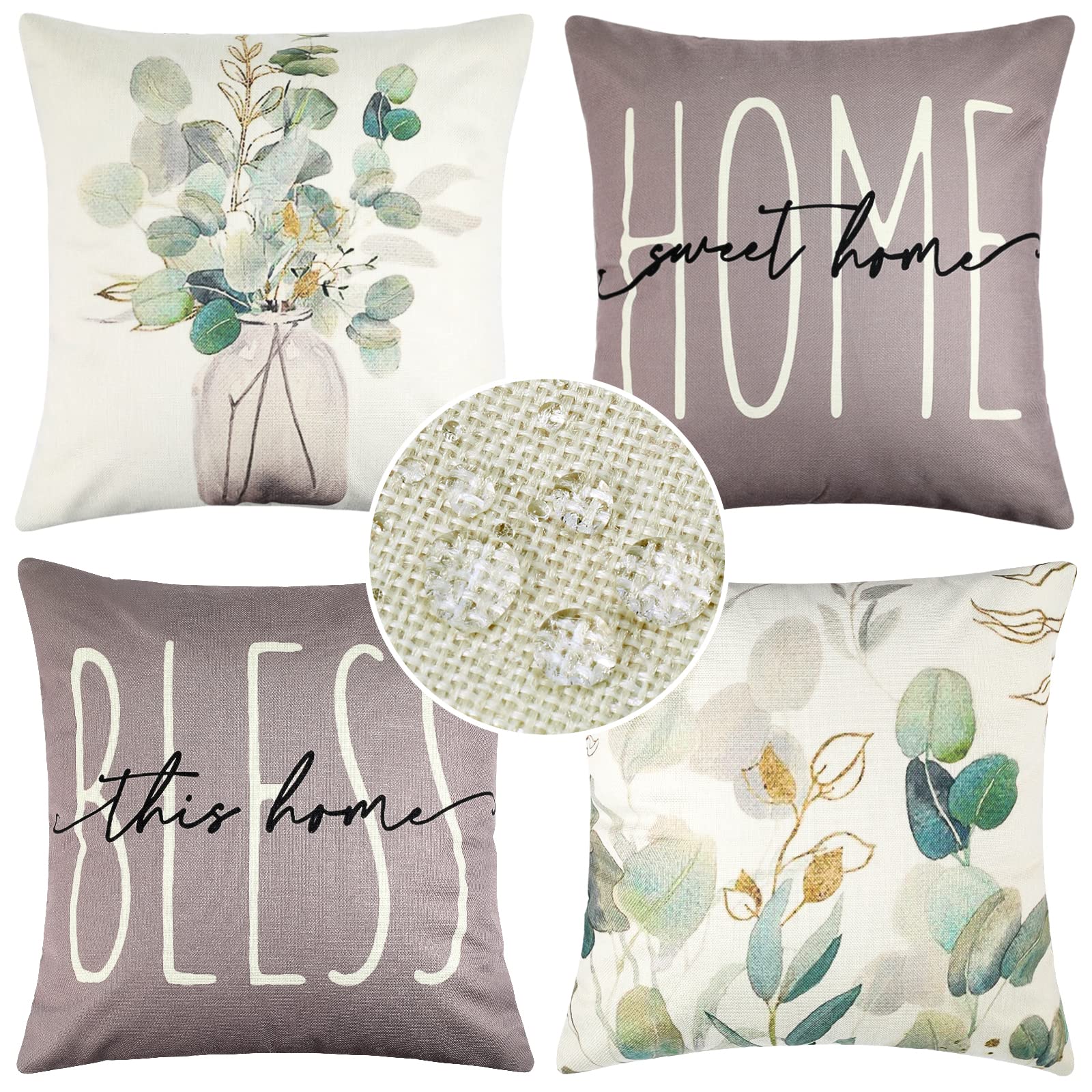 ETOLISHOP Waterproof Linen Cushion Covers 18x18 Inch (45x45cm) - 4 Pack Green Leaf Pattern Square Pillow Covers for Sofa, Bed, Outdoor Furniture - Perfect for Living Room, Garden & Patio Decor