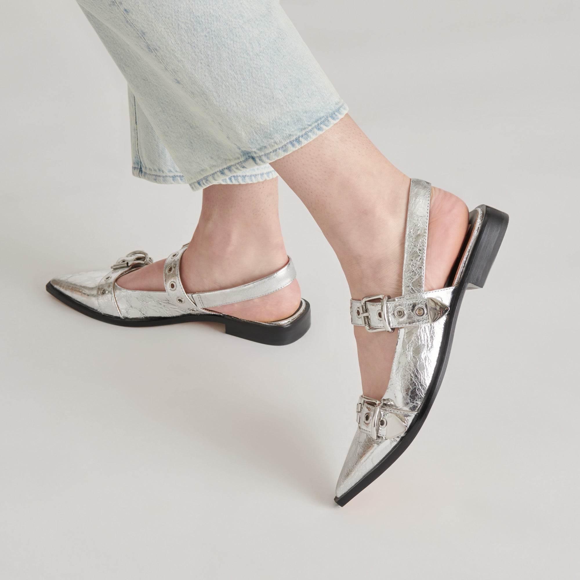 LABELL Women's Distressed Leather Flats - Silver Comfortable Slip-On Shoes for Casual Wear & Office Outfits