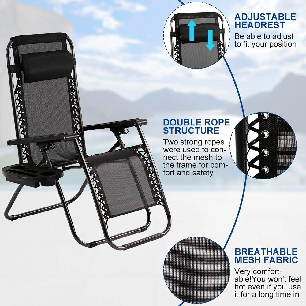 Best Folding Reclining Lounge Chair with Pillow & Cup Holder - Adjustable Massage Chair for Pool, Backyard, Beach, Patio - Comfortable Outdoor Relaxation (Black)