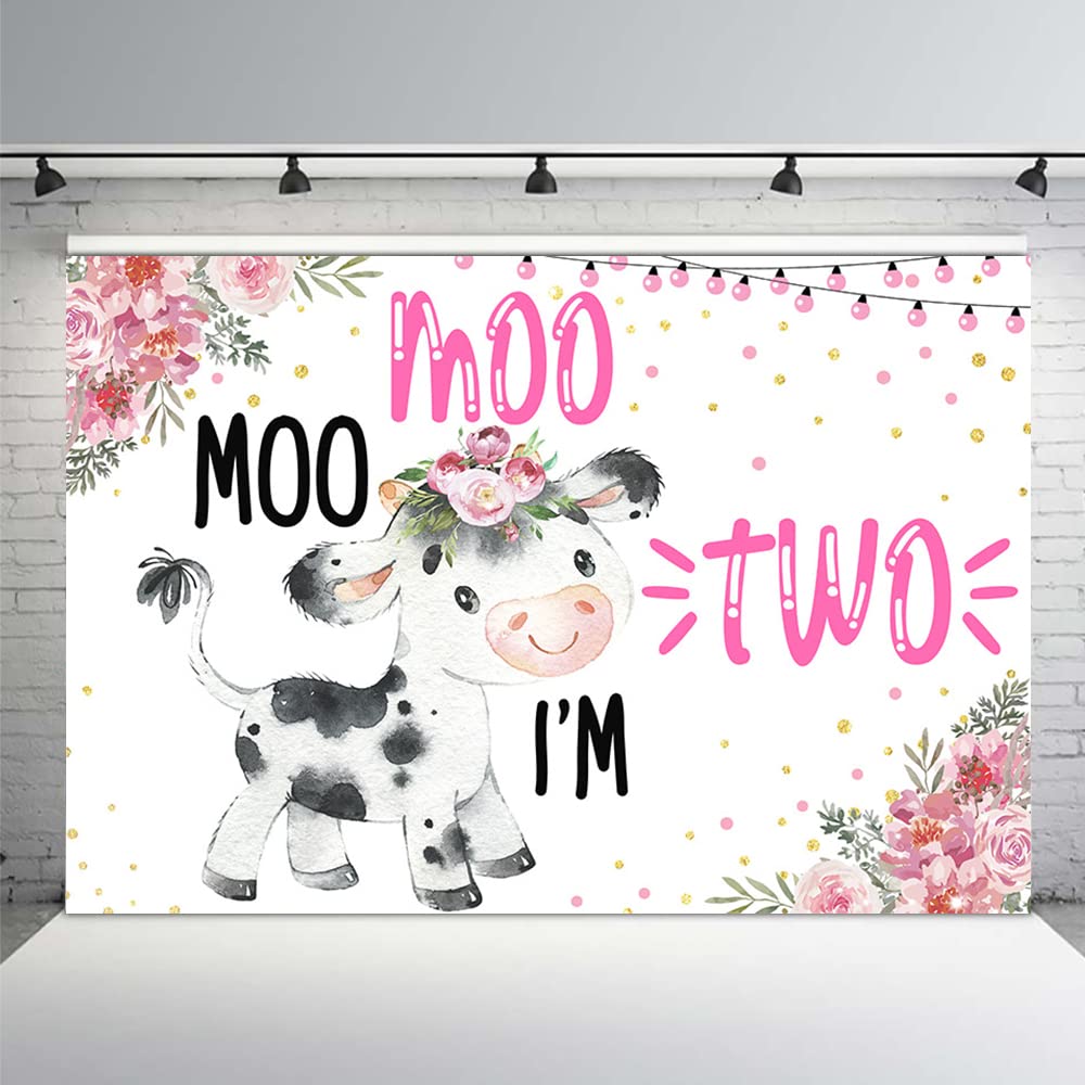 MEHOFOND 10x7ft Cow-Themed Baby Girl 2nd Birthday Backdrop - Pink Floral Confetti Party Banner for Cake Table, Wall Decor & Photo Booth Background | Perfect for 'Moo Moo I'm Two' Birthday Party Photography & Gift Pictures
