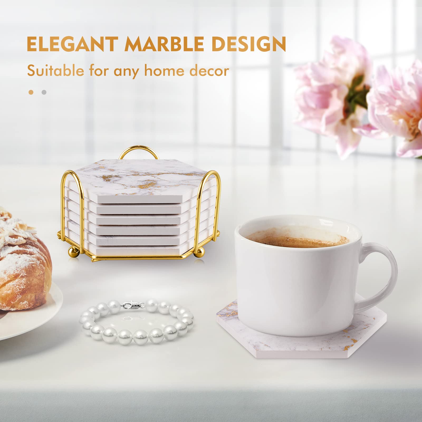 Gold Marble Drink Coasters with Holder - Home Decor & Gift for Coffee Table