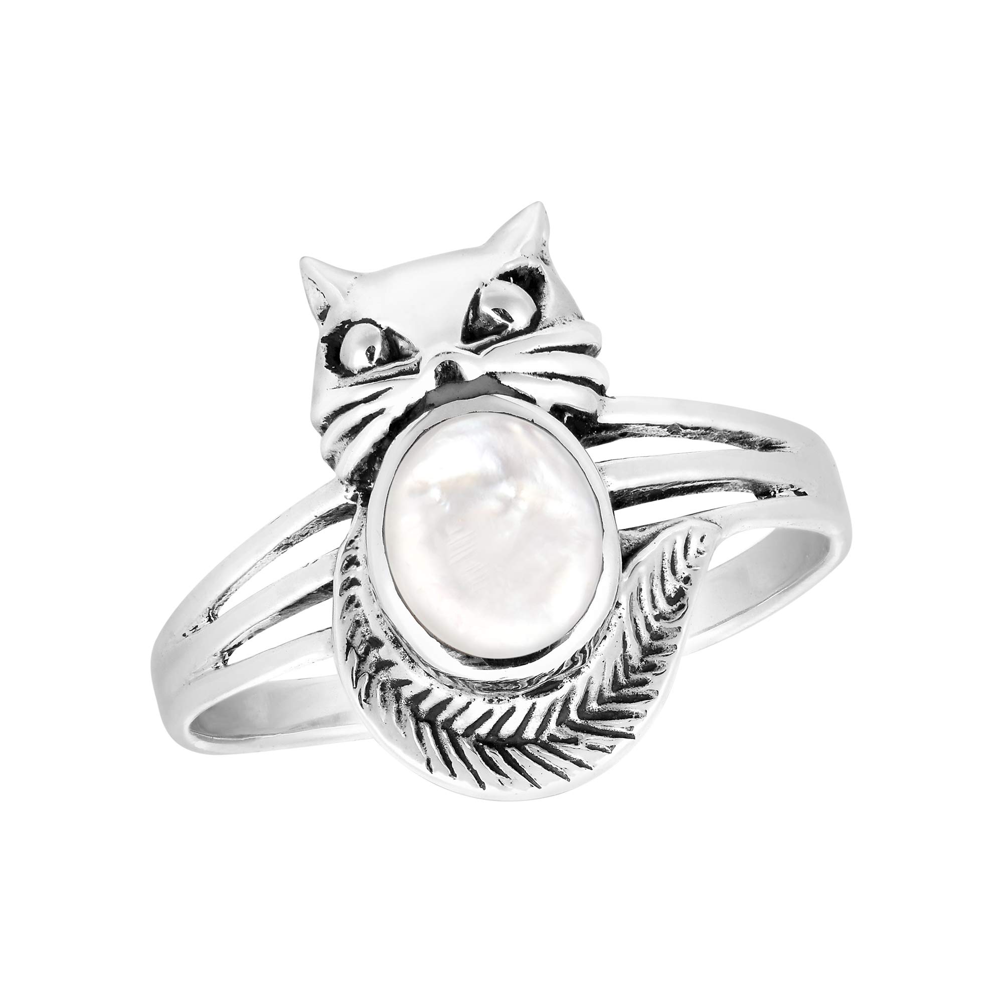 Elegant Oval White Mother of Pearl .925 Sterling Silver Cat Ring for Women | Classic Wedding Band | Comfort Fit Jewelry Gift | Sizes 7-9 | Perfect for Bridal Shower, Anniversary & Everyday Wear