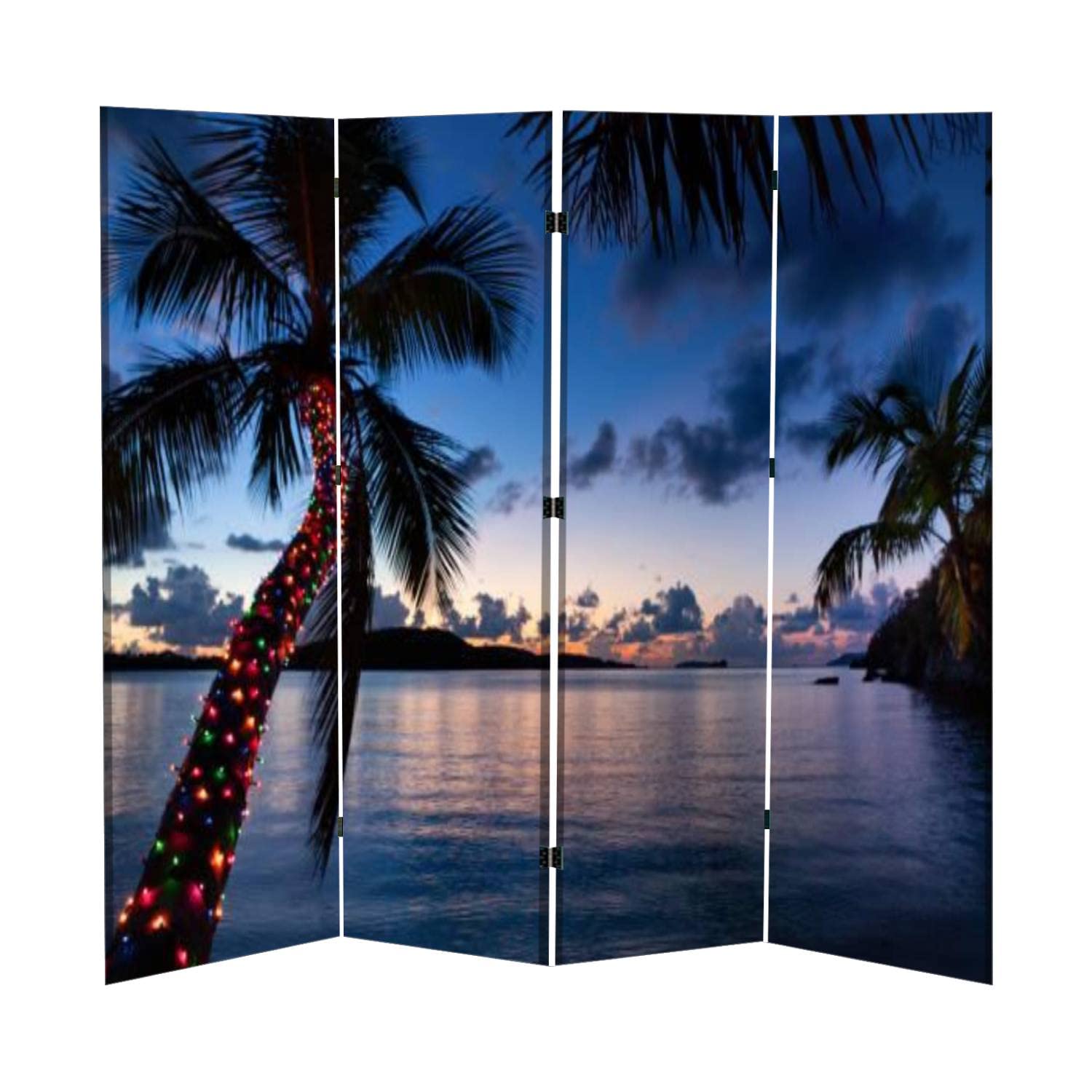 4 Panel Folding Room Divider with Palm Tree & Christmas Lights - Tropical Beach Themed Freestanding Privacy Screen for Home, Office, Bedroom | Perfect for Creating Private Spaces, Party Decor & Seasonal Celebrations