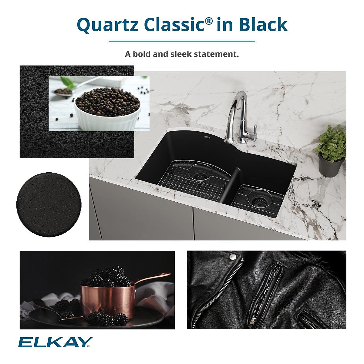 Elkay Quartz Classic ELGDULB3322BK0 Black Equal Double Bowl Undermount Kitchen Sink - Durable & Stylish for Modern Home Cooking & Dishwashing