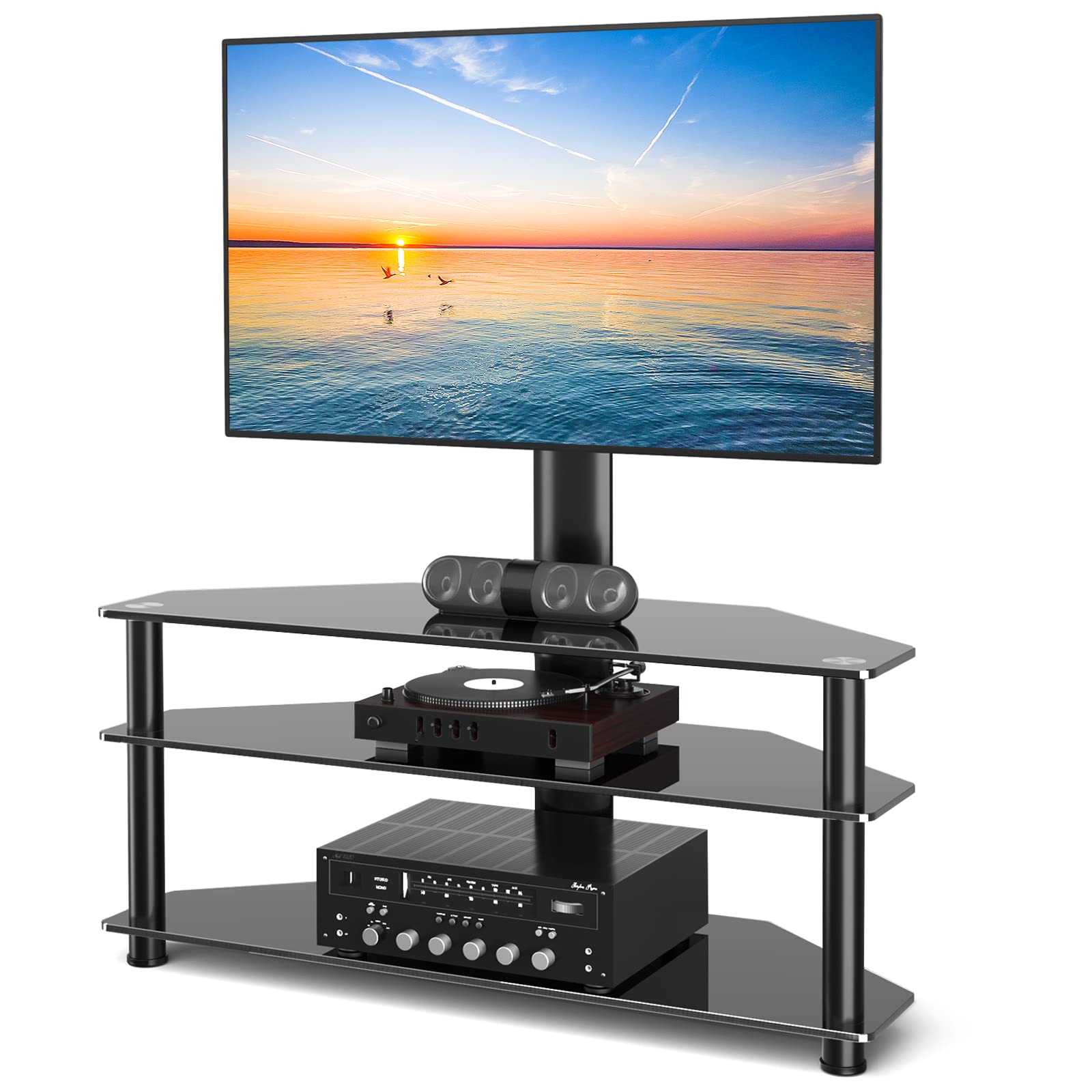 Universal Swivel TV Stand for 32-70 Inch TVs - Adjustable Height Floor TV Stand with Storage Shelves, Holds up to 88lbs - Black - Perfect for Living Room, Bedroom & Home Theater Setup