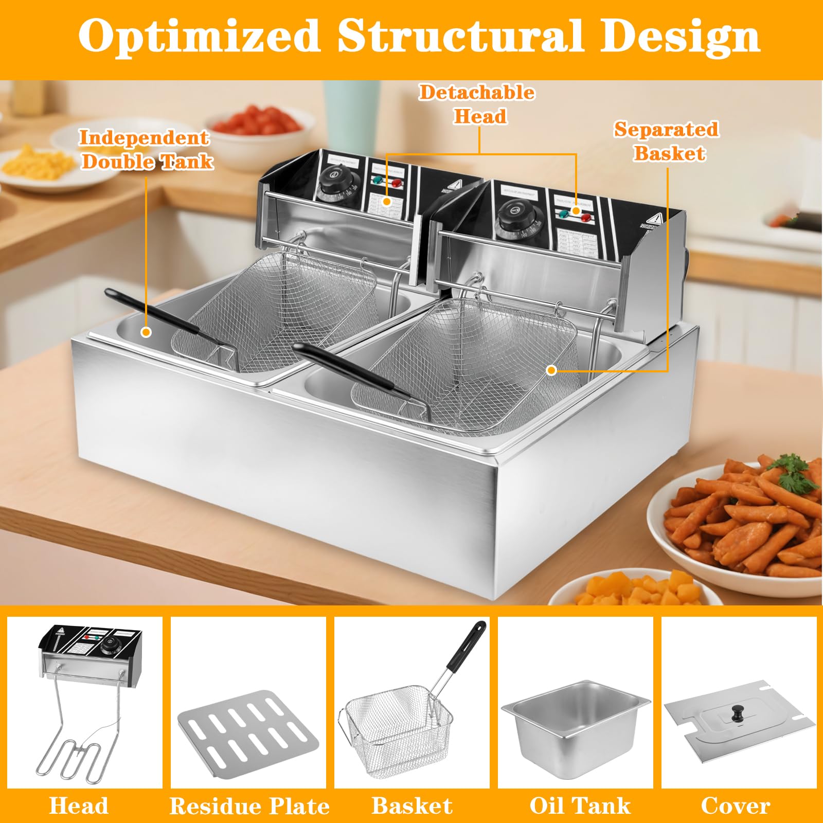 5000W Commercial Deep Fryer with 2 Baskets - 12L Electric Dual Tank Deep Fryer, Heavy Duty Stainless Steel Countertop Deep Fryer for Restaurants, Food Trucks & Home Kitchens