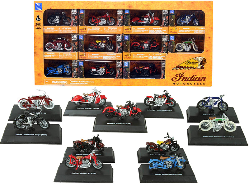 New Ray 1/32 Scale Indian Motorcycle Diecast Model Set - 11 Piece Collectible Toy Motorcycles for Display, Gifts & Racing Scenes