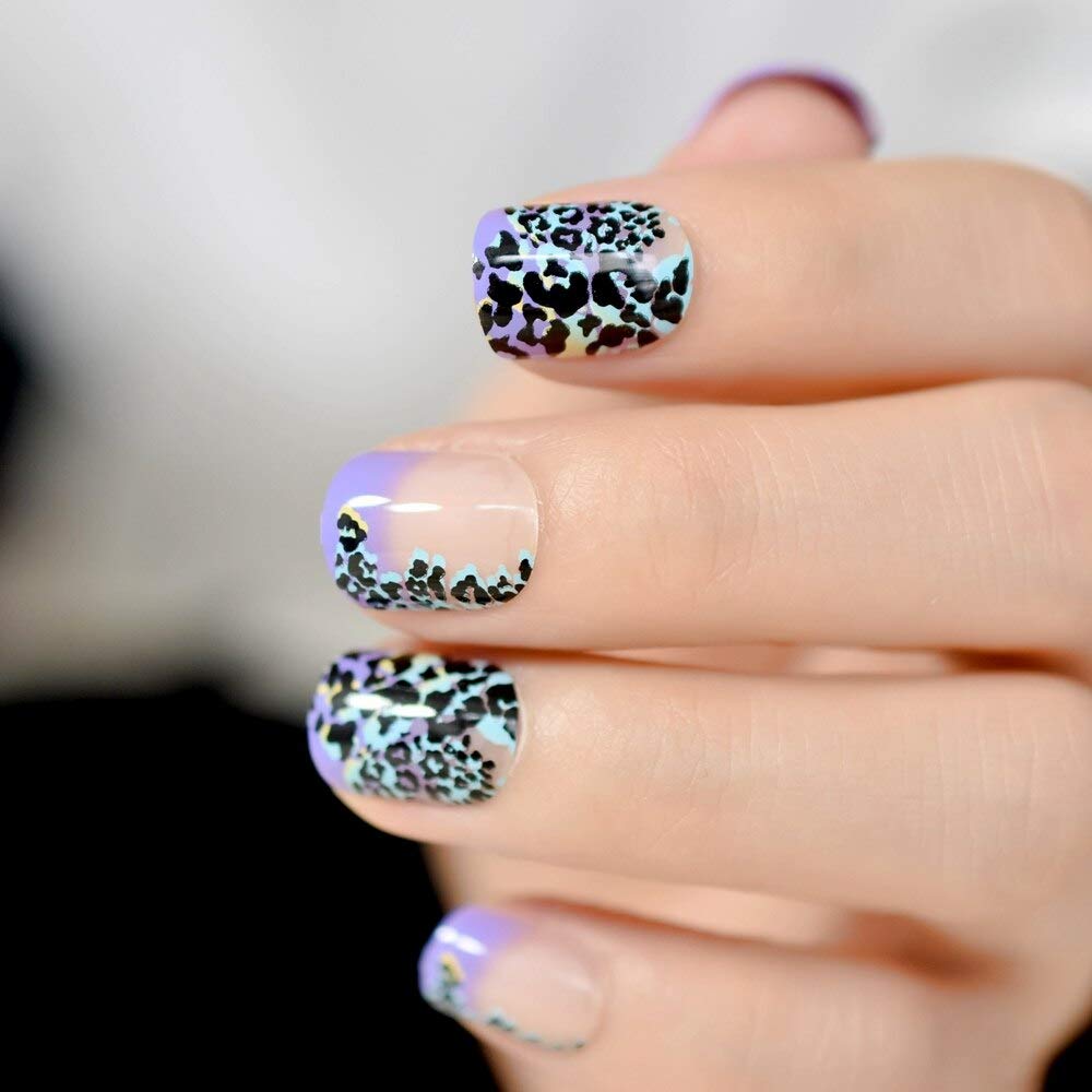 Natural Nude Purple French Press on Nails - Leopard Print Fake Nails for Daily Office Wear & Manicure | Easy to Apply False Nails for Work, Parties & Special Occasions