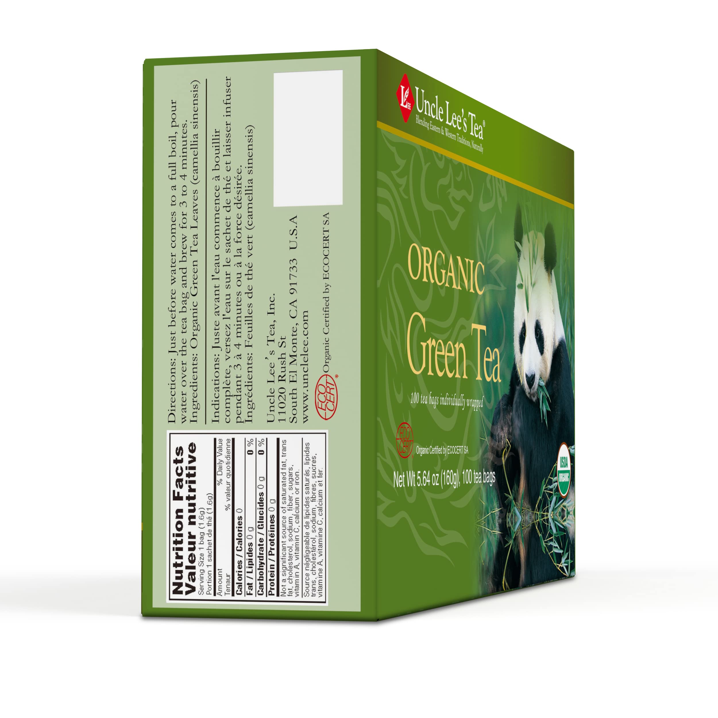 Uncle Lee's Organic Green Tea 100 Tea Bags (2-Pack) + White Tea Single-Use Pack - 3 Piece Set | Premium Loose Leaf Tea for Daily Wellness, Detox & Relaxation | Perfect for Home, Office & Gifts