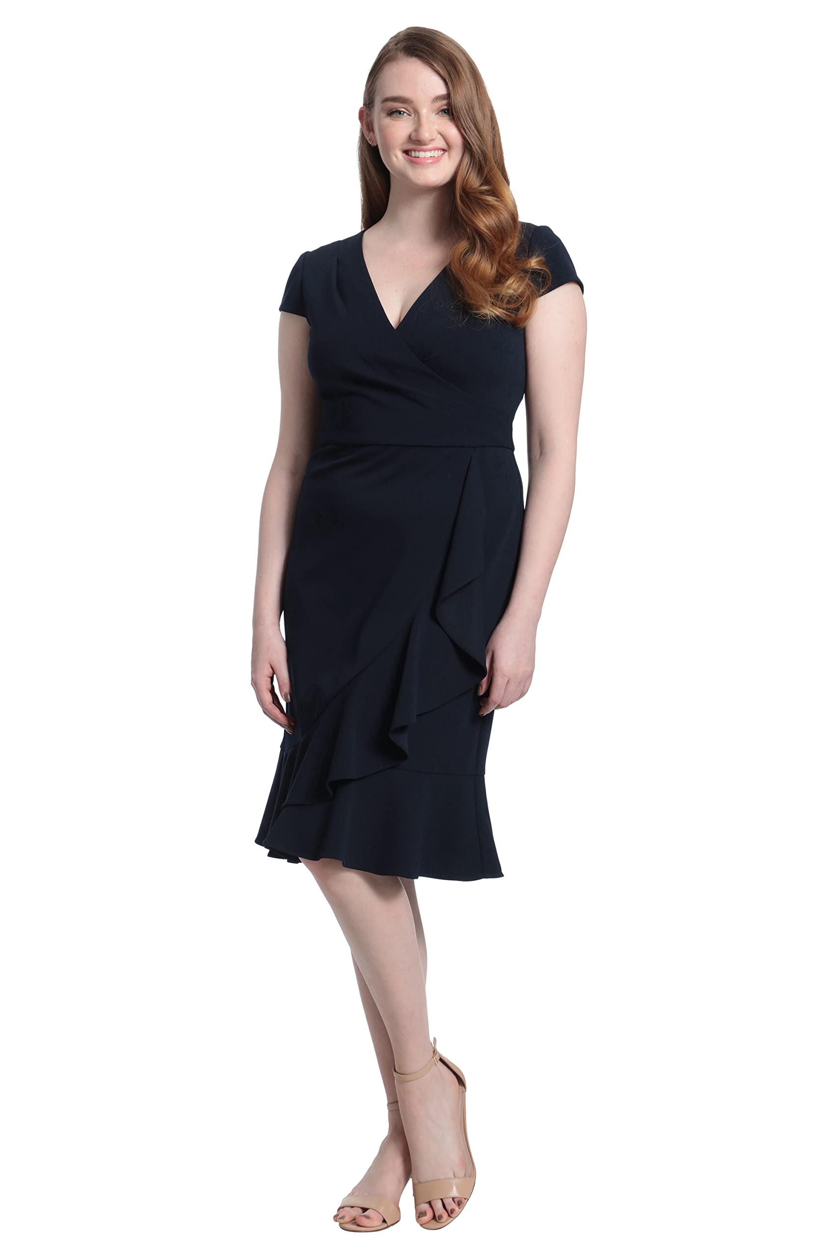 London Times Women's Cap Sleeve V-Neck Knee Length Dress with Ruffle Faux Wrap Skirt - Elegant Casual & Office Wear for Summer, Parties & Special Occasions
