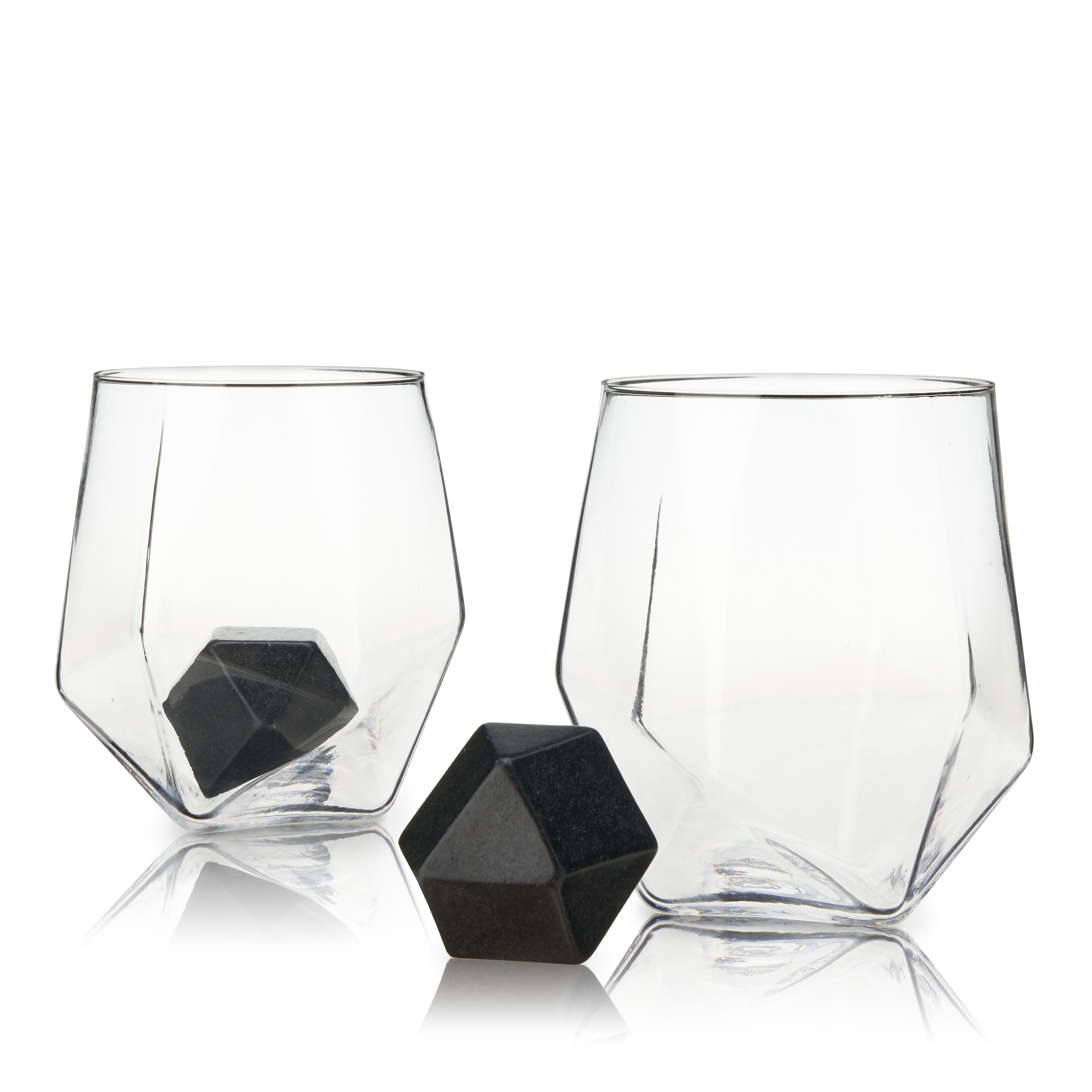 Premium Seneca Faceted Crystal Tumbler & Basalt Hexagon Stone Set - Elegant Whiskey Glasses & Cocktail Stones for Home Bar, Wedding Gifts & Luxury Entertaining
