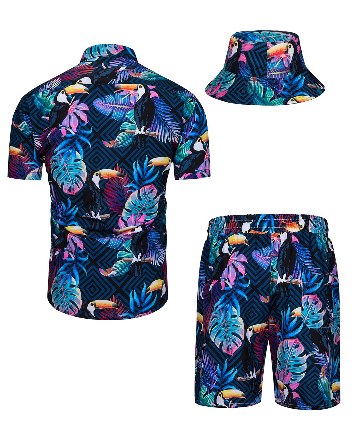 **TUNEVUSE Men's Hawaiian Shirt and Shorts Set - 2 Piece Tropical Beach Outfit with Floral Print & Bucket Hat for Summer Vacation, Luau Party, and Casual Wear**