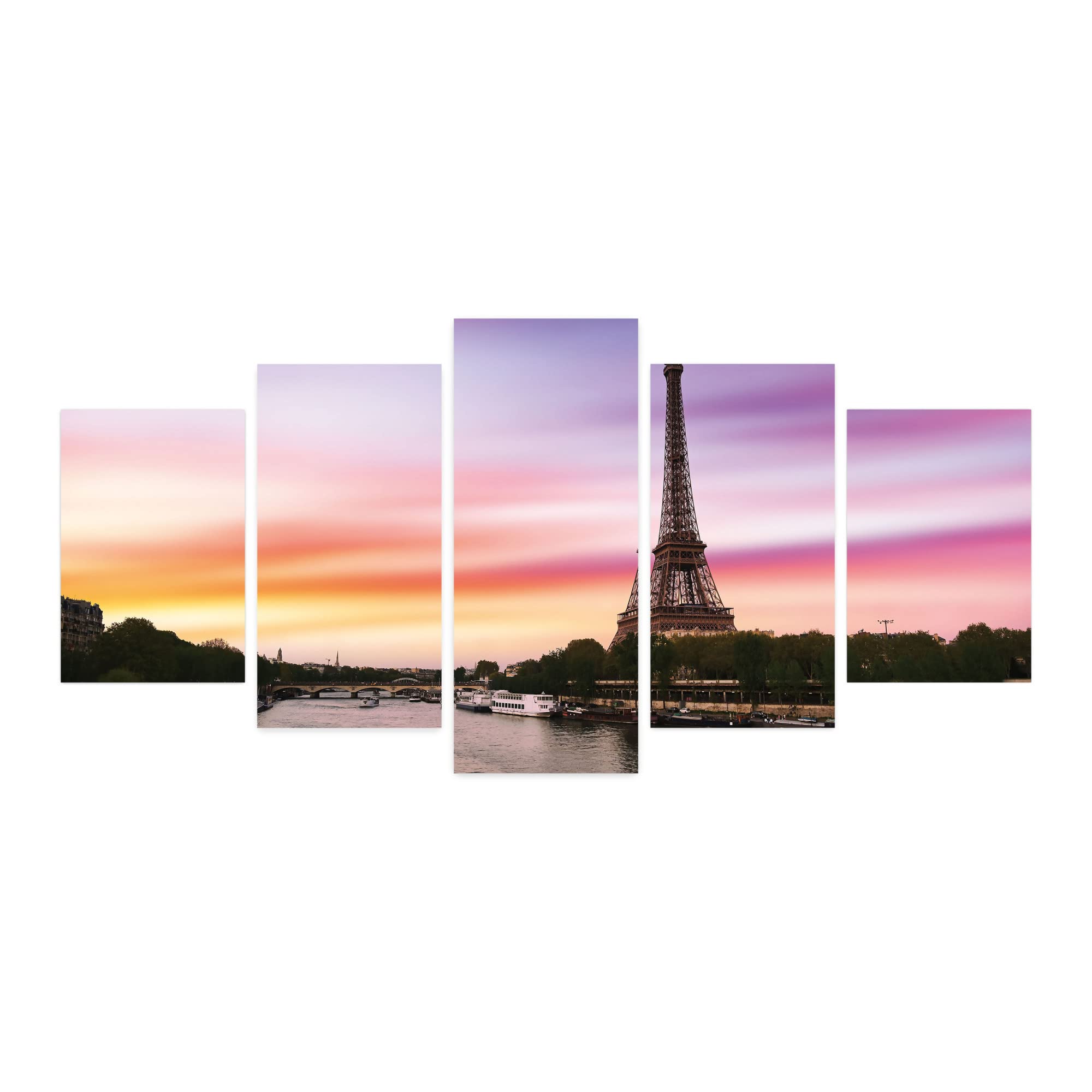 Ambesonne Paris Cityscape Wall Art - 5 Panel Acrylic Glass Painting of Eiffel Tower & Seine River at Dusk, Modern Home Decor for Living Room, Bedroom & Dorm (60x30 Inches, Lilac Peach Brown) - Perfect for French Theme Decor & Romantic Ambiance