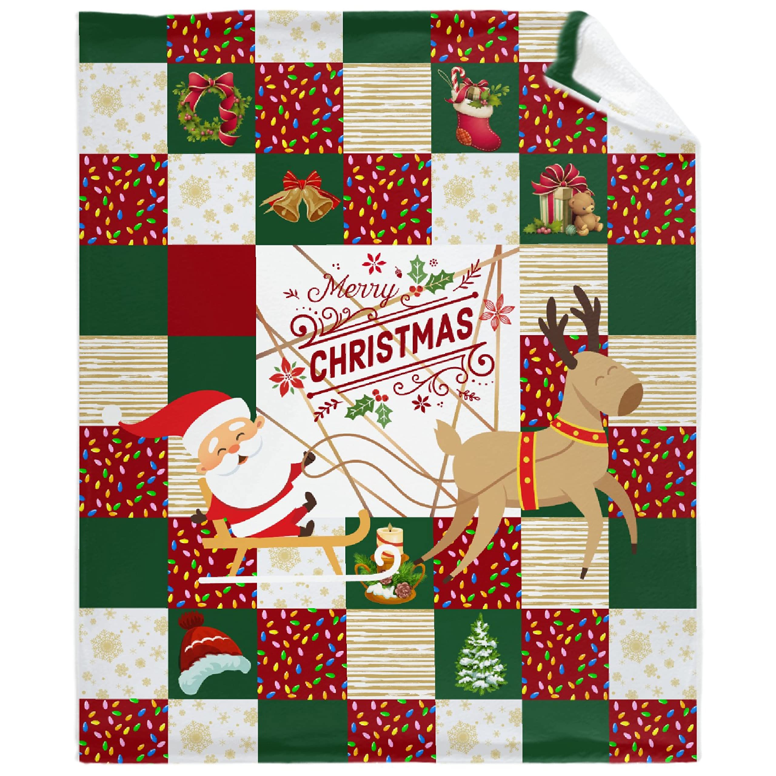 Soft Flannel Fleece Christmas Santa Reindeer Red Plaid Throw Blanket - Cozy Warm Fuzzy Plush Blanket for Couch, Bed & Sofa (120x90 Oversize) - Perfect for Winter Snuggles, Holiday Decor & Family Gift Giving