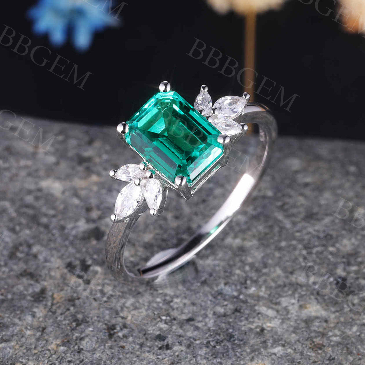 14K White Gold Emerald Cut Emerald and Diamond Ring for Women - Wedding, Engagement, Promise Ring - Perfect for Proposals, Anniversaries & Special Occasions