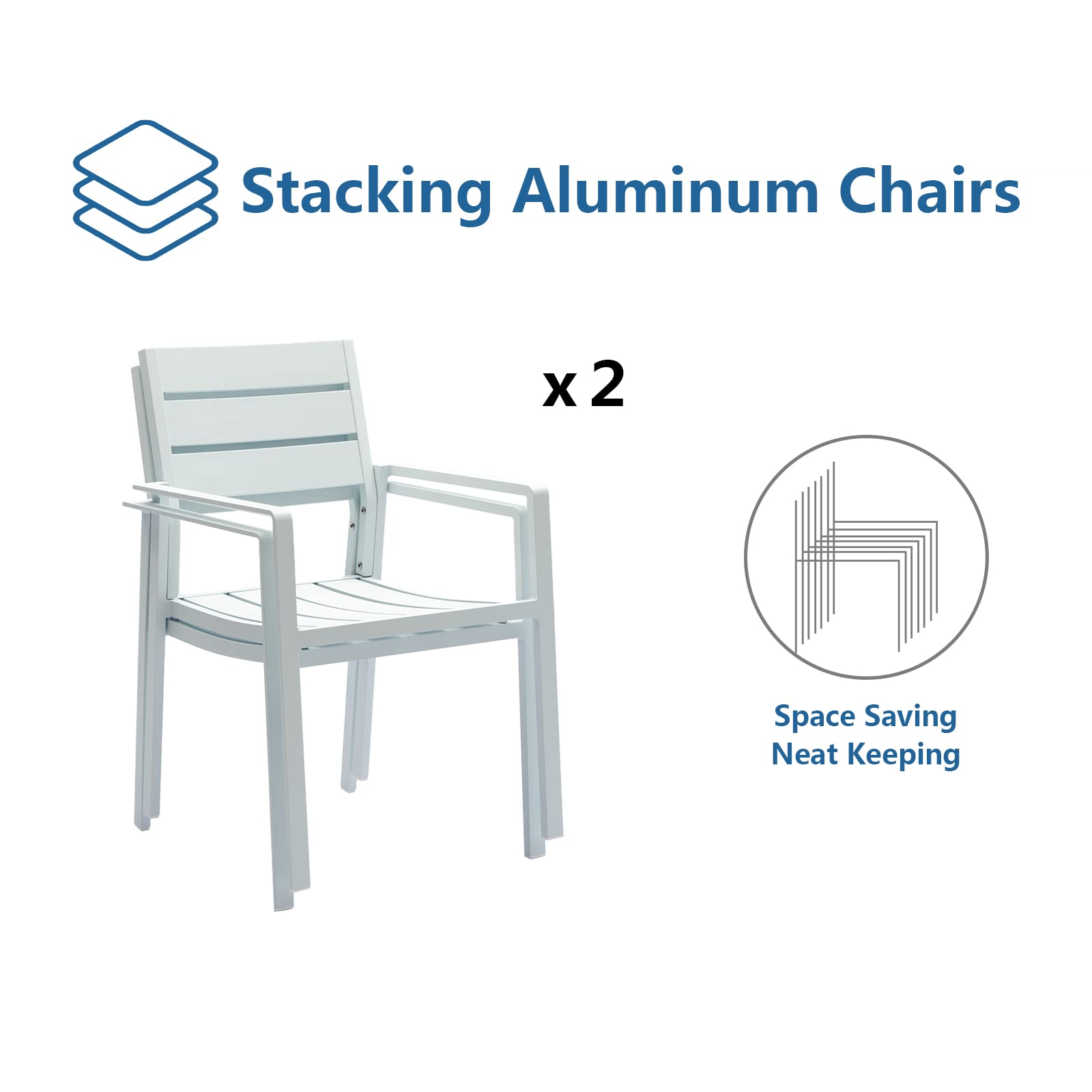 2-Pack White Stackable Outdoor Dining Chairs - Aluminum Frame Patio Armchairs with Wide Seats for Backyard, Garden, Poolside & Restaurant Use