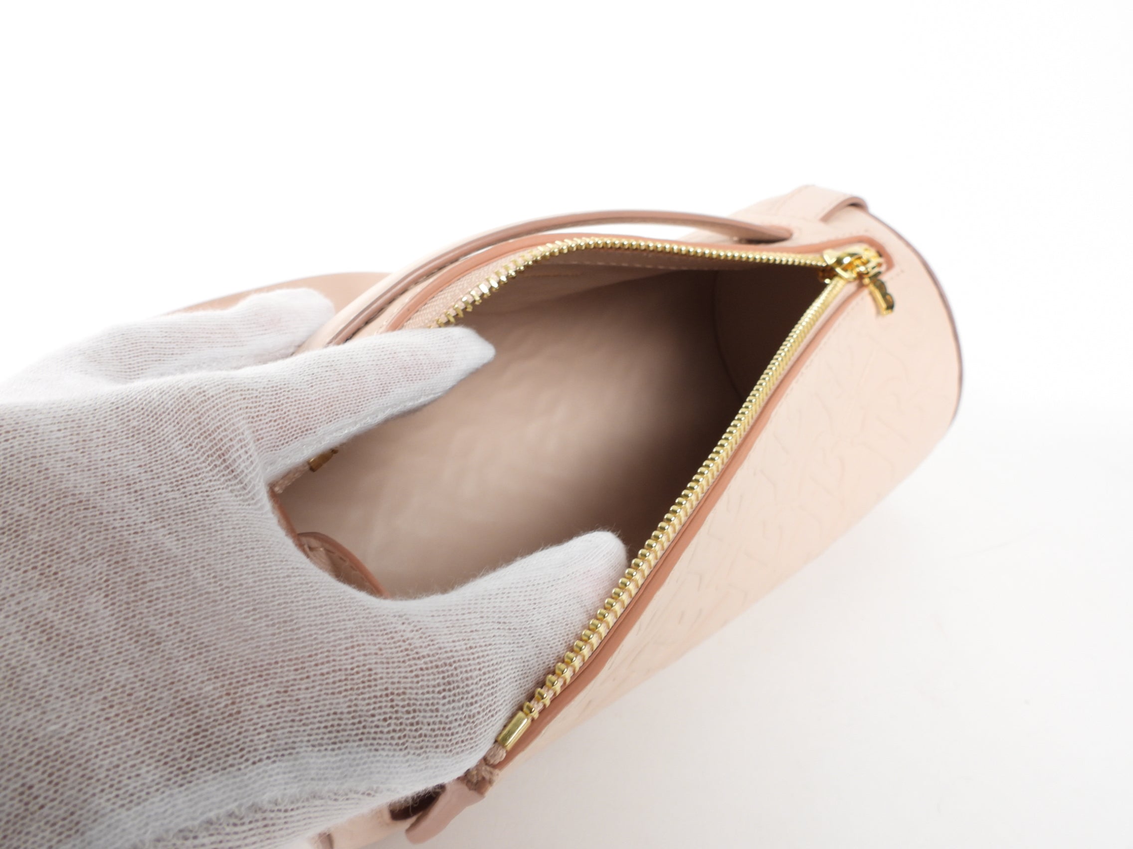 Burberry Light Pink Leather Embossed Monogram Barrel Bag for Women | Luxury Designer Handbag for Everyday Use, Work & Special Occasions
