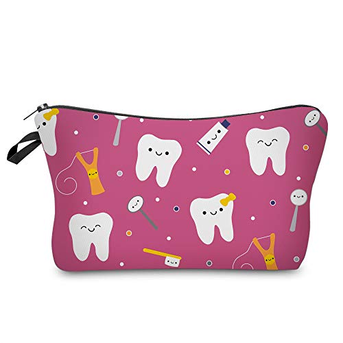 MRSP Waterproof Cosmetic Bag for Women - Small Travel Makeup Pouch Toiletry Organizer with Happy Teeth Friends Design in Dark Pink (51708) - Perfect for Gym, Travel, and Daily Essentials Storage