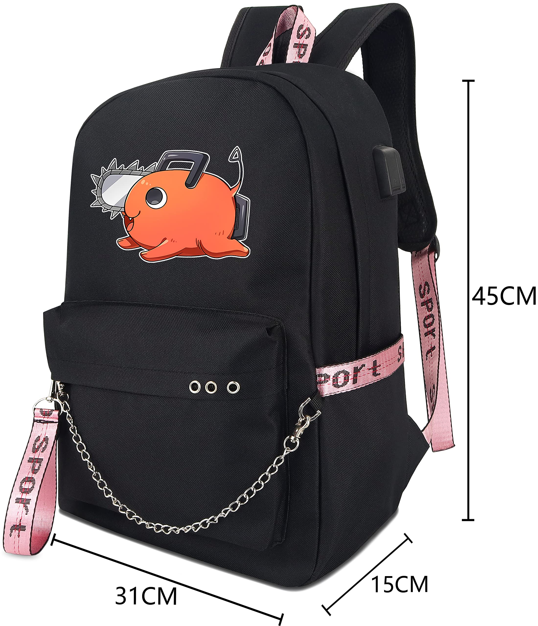 Roffatide Anime Chainsaw Man Backpack - Pochita Themed Laptop School Bag with USB Charging Port & Headphone Jack - Perfect for Cosplay, School, Travel & Gaming Accessories