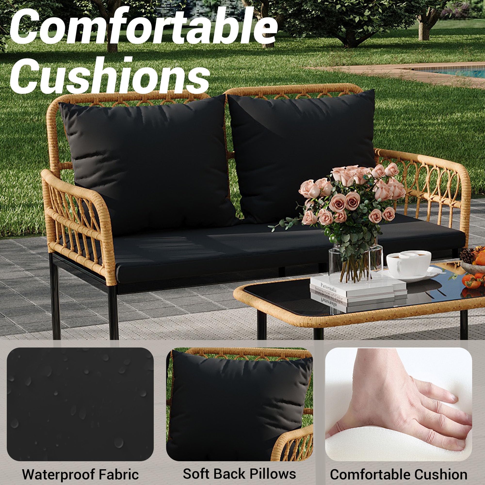 GARVEE 4-Piece Outdoor Wicker Patio Bistro Set - All-Weather Rattan Furniture with Glass Top Coffee Table, Loveseat & 2 Armchairs (Included Cushions) - Black Boho Balcony Set for Backyard, Garden, Poolside & Patio Decor