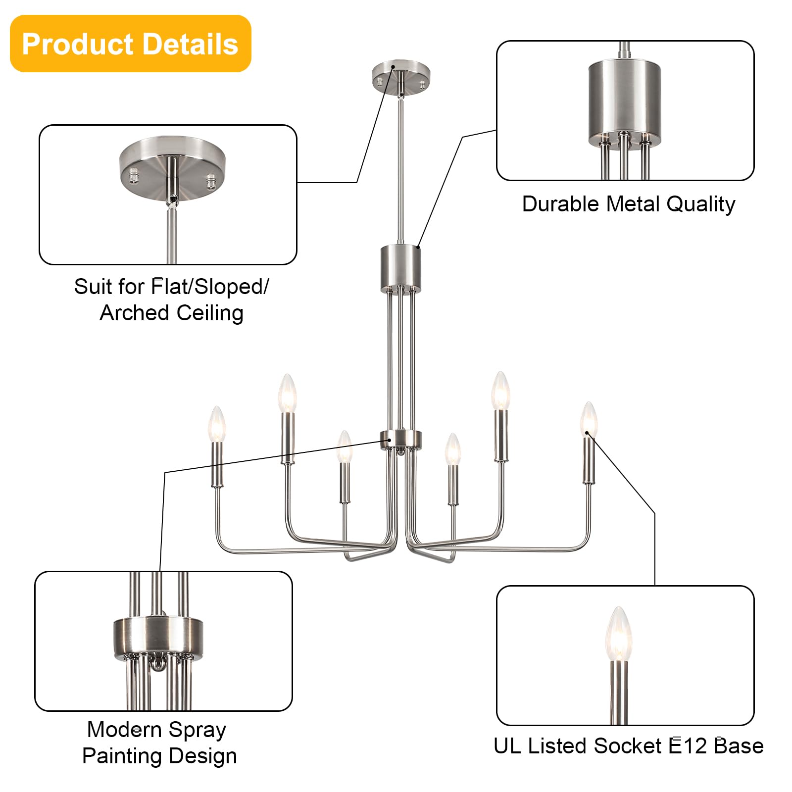 6-Light Brushed Nickel Chandelier - Modern Farmhouse Dining Room Lighting Fixture for Kitchen, Living Room & Entryway | Elegant Ceiling Light for Home Decor, Wedding & Restaurant