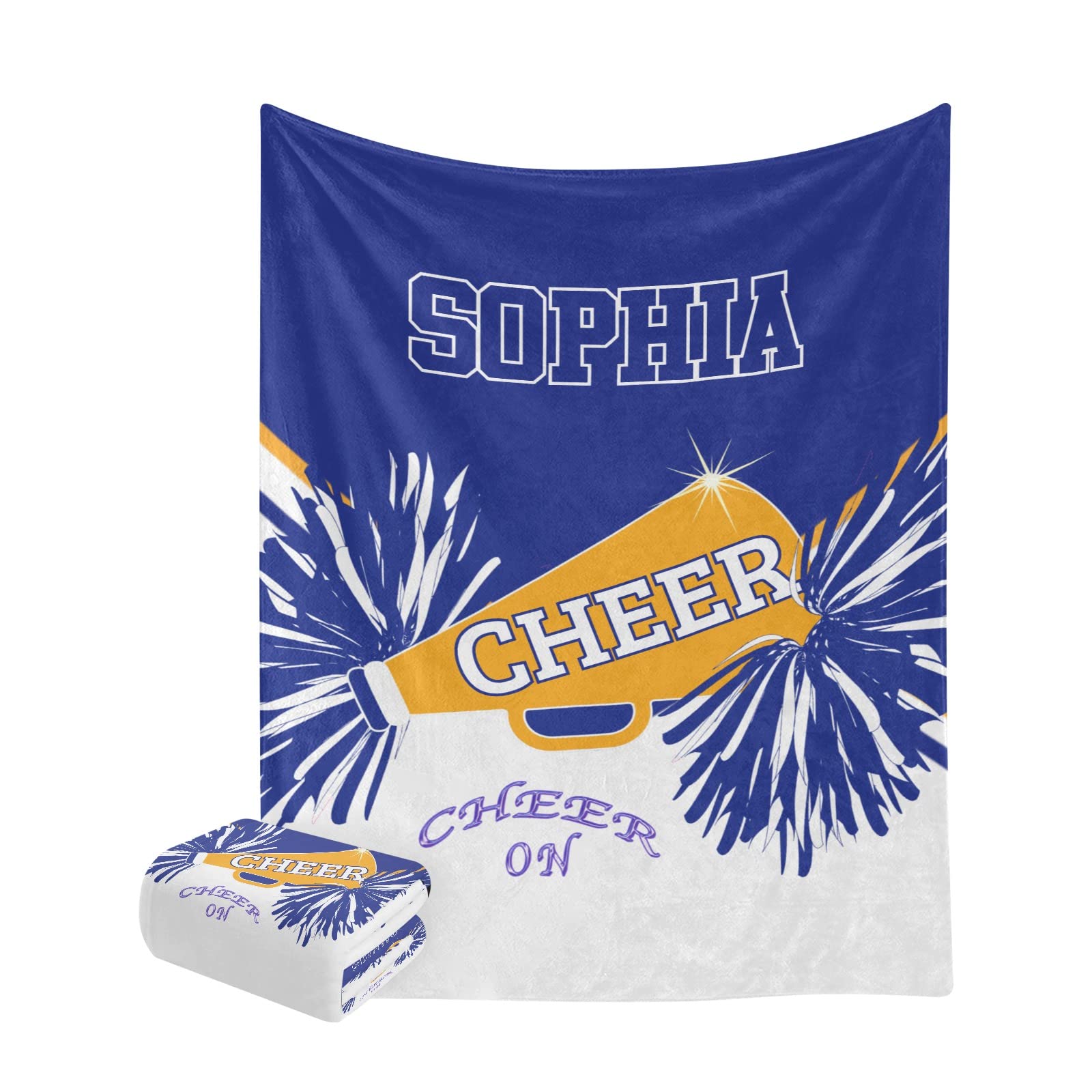 Personalized Cheerleader Blanket - White, Blue & Gold Soft Throw Blanket 50x60 Inch for Bed, Sofa, Couch, Travel, Camping & Hiking - Cozy Gift for Sports Fans & Outdoor Enthusiasts