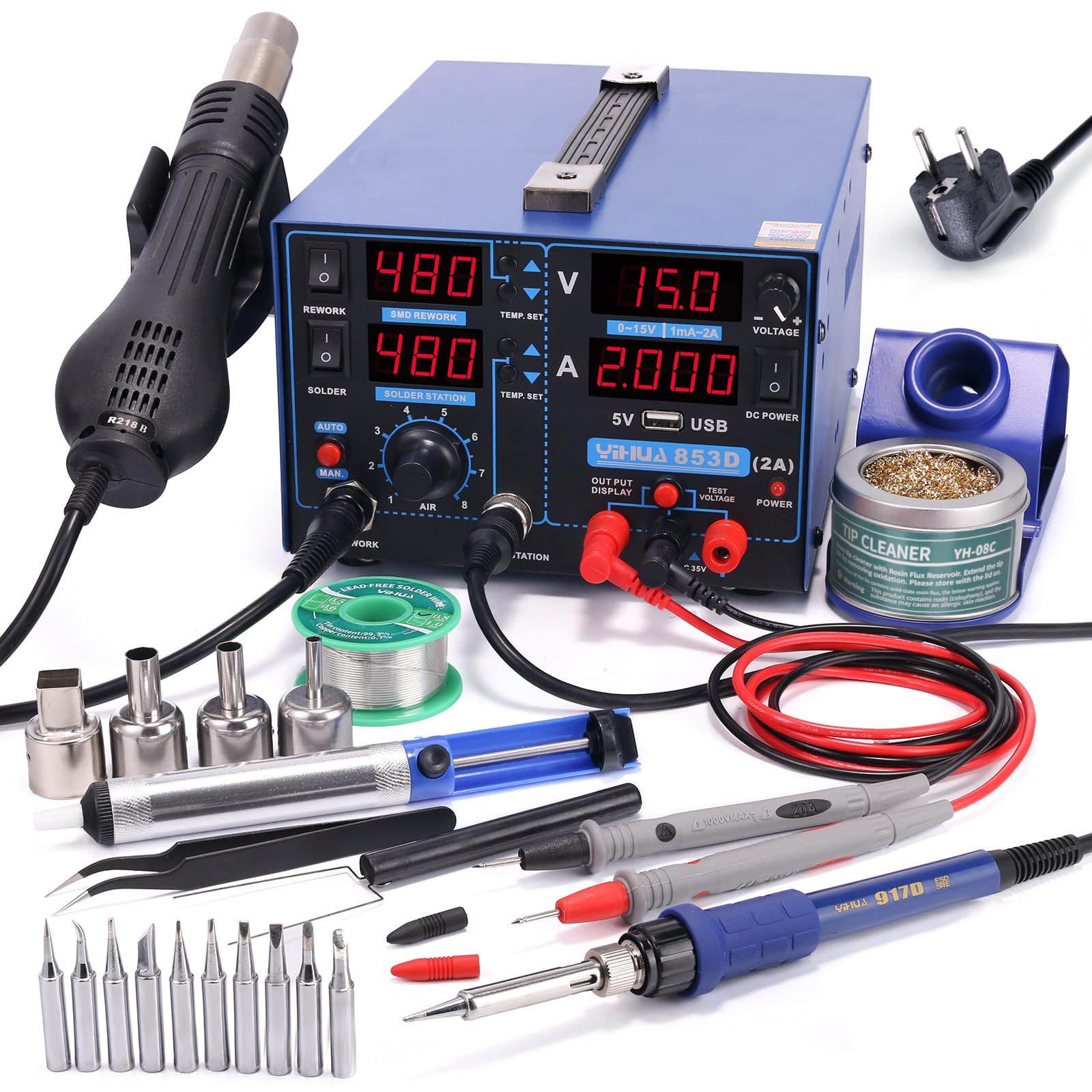 YIHUA 853D 2A USB Soldering Station with Hot Air Rework, 3-in-1 Power Supply (0-15VDC) & USB Charging Port, 35VDC Voltmeter - Perfect for Mobile Phone Repair, Electronics DIY, and Circuit Board Maintenance