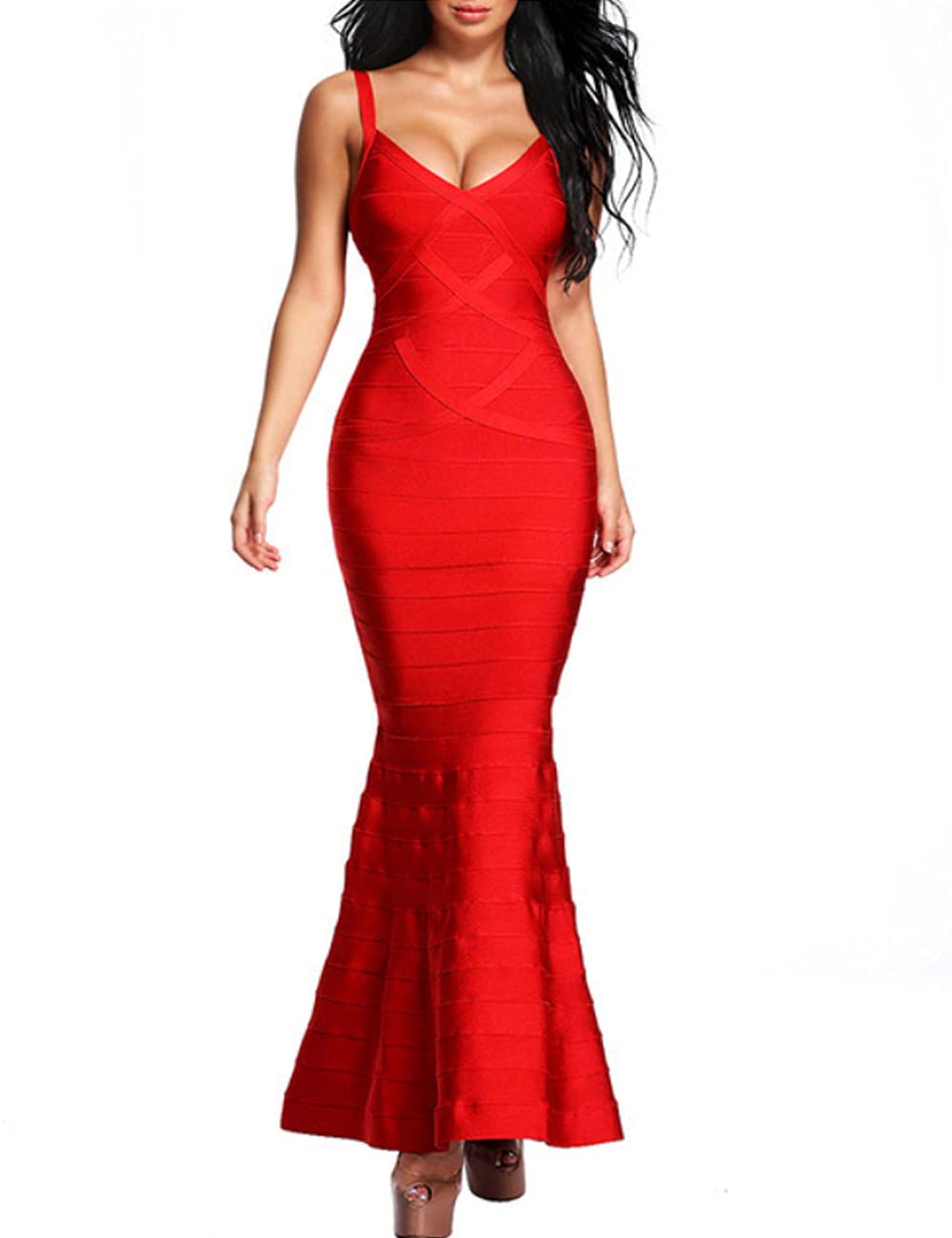 Houstil Women's Elegant Rayon Bandage V-Neck Backless Fishtail Long Formal Evening Dress for Prom, Wedding, Cocktail Party & Special Occasions