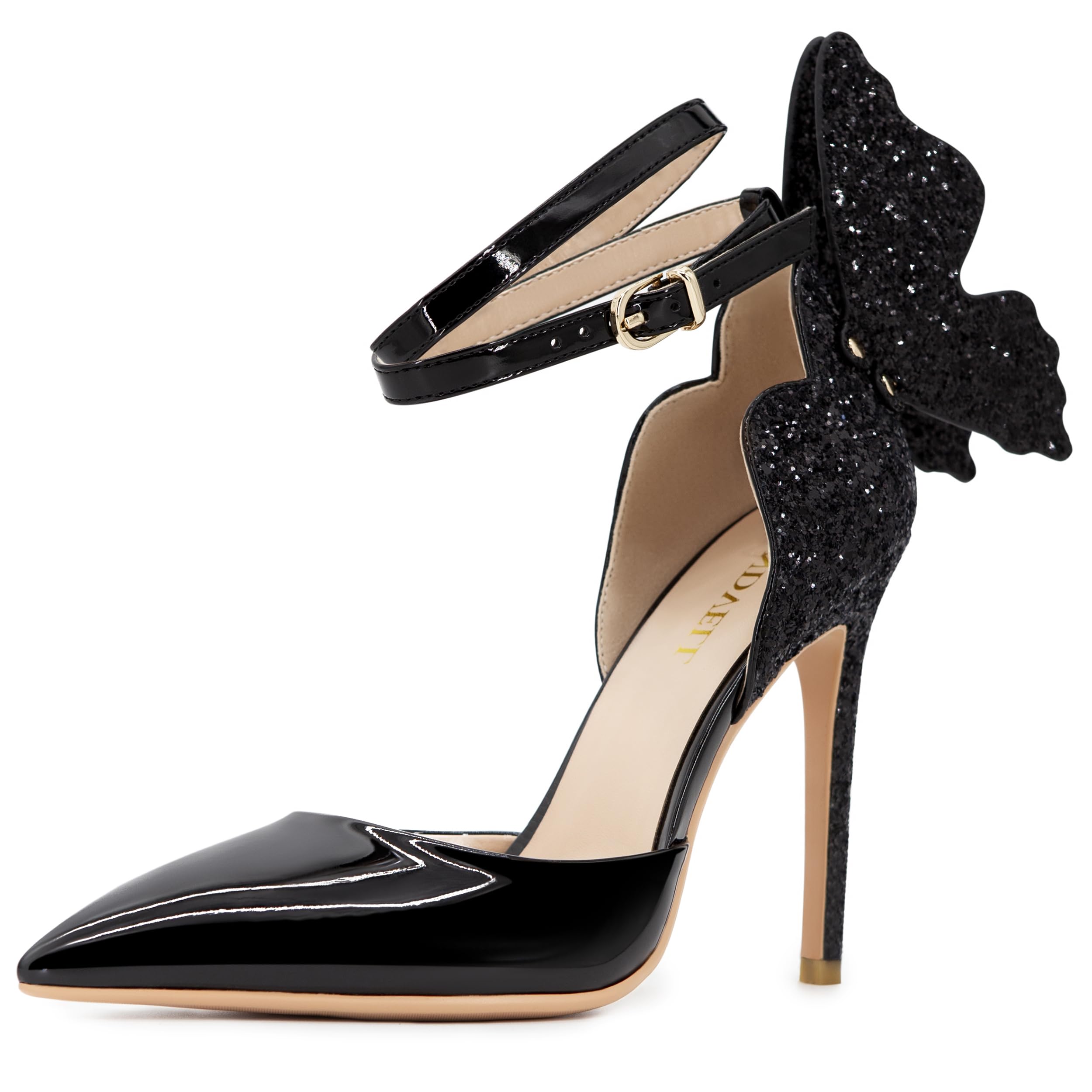Elegant Gold High Heel Pumps with Butterfly Back & Sparkly Ankle Strap - Sexy Stiletto Closed Toe Dress Shoes for Women | Perfect for Parties, Weddings & Evening Events