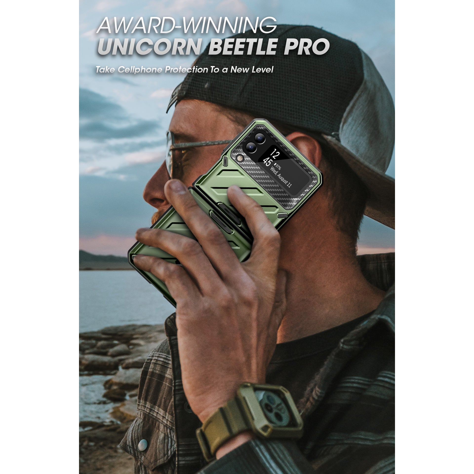 Samsung Galaxy Z Flip4 Unicorn Beetle PRO Heavy Duty Rugged Case with Belt Clip - Dark Green Protective Cover for Outdoor, Work & Active Lifestyle