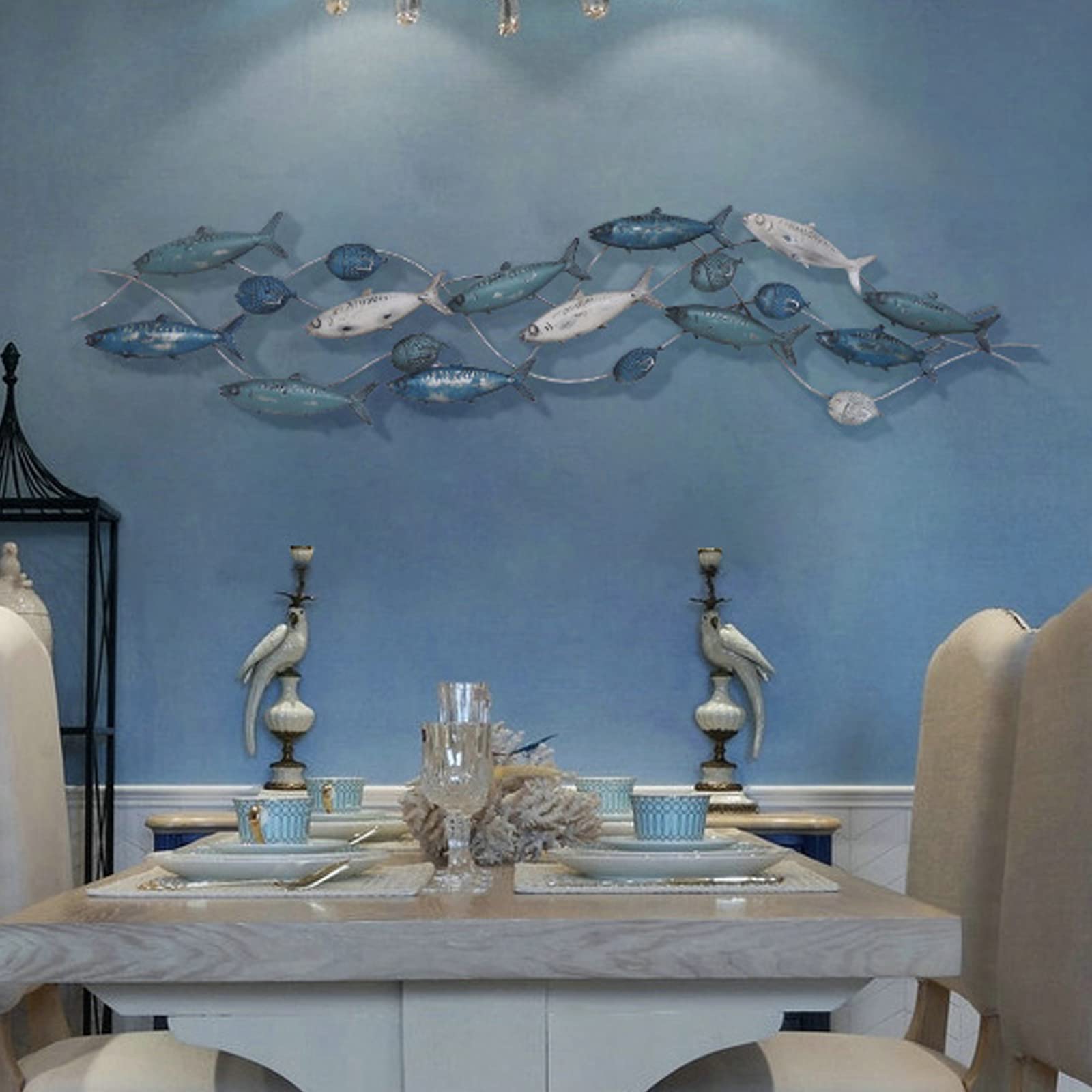 56x13 Inch Metal Fish Wall Art Sculpture - Large Nautical School of Fish Wall Decor for Home, Bedroom & Living Room | Rustic Marine Theme Hanging Decoration for Coastal, Beach House or Office Interior Design