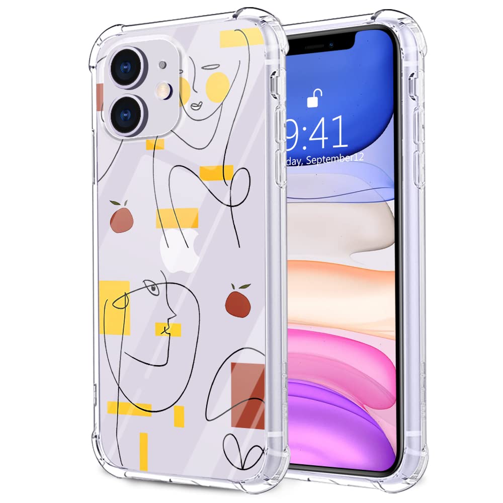 MAYCARI iPhone 11 Case - Aesthetic Abstract Yellow Face & Red Line Art Design, Clear TPU Slim Protective Cover | Shock Absorbing, Anti-Scratch, Flexible Soft Case | Perfect for Everyday Use, Work, School & Travel