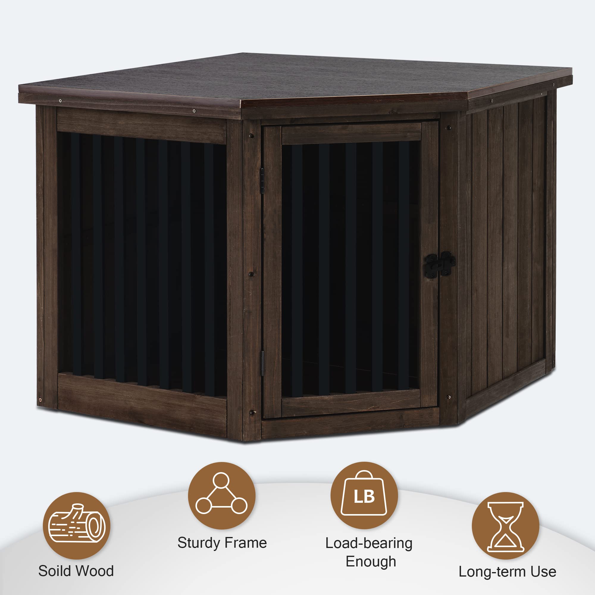 MCombo Corner Dog Crate - Wooden Pet Kennel with Door, Indoor Dog House End Table for Small to Medium Dogs (Medium, Brown) - Perfect for Living Room, Bedroom & Apartment Decor