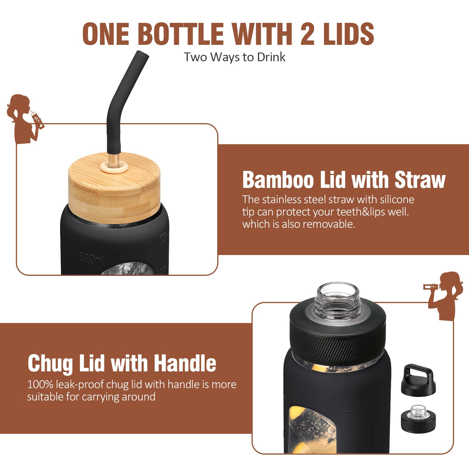 Kodrine 32 oz Glass Water Bottle with Straw & Silicone Sleeve - 1 Liter Clear Wide Mouth Bottle with Time Marker, Includes 2 Lids (Chug & Bamboo Straw) - Perfect for Gym, Hiking, Office & Travel Hydration