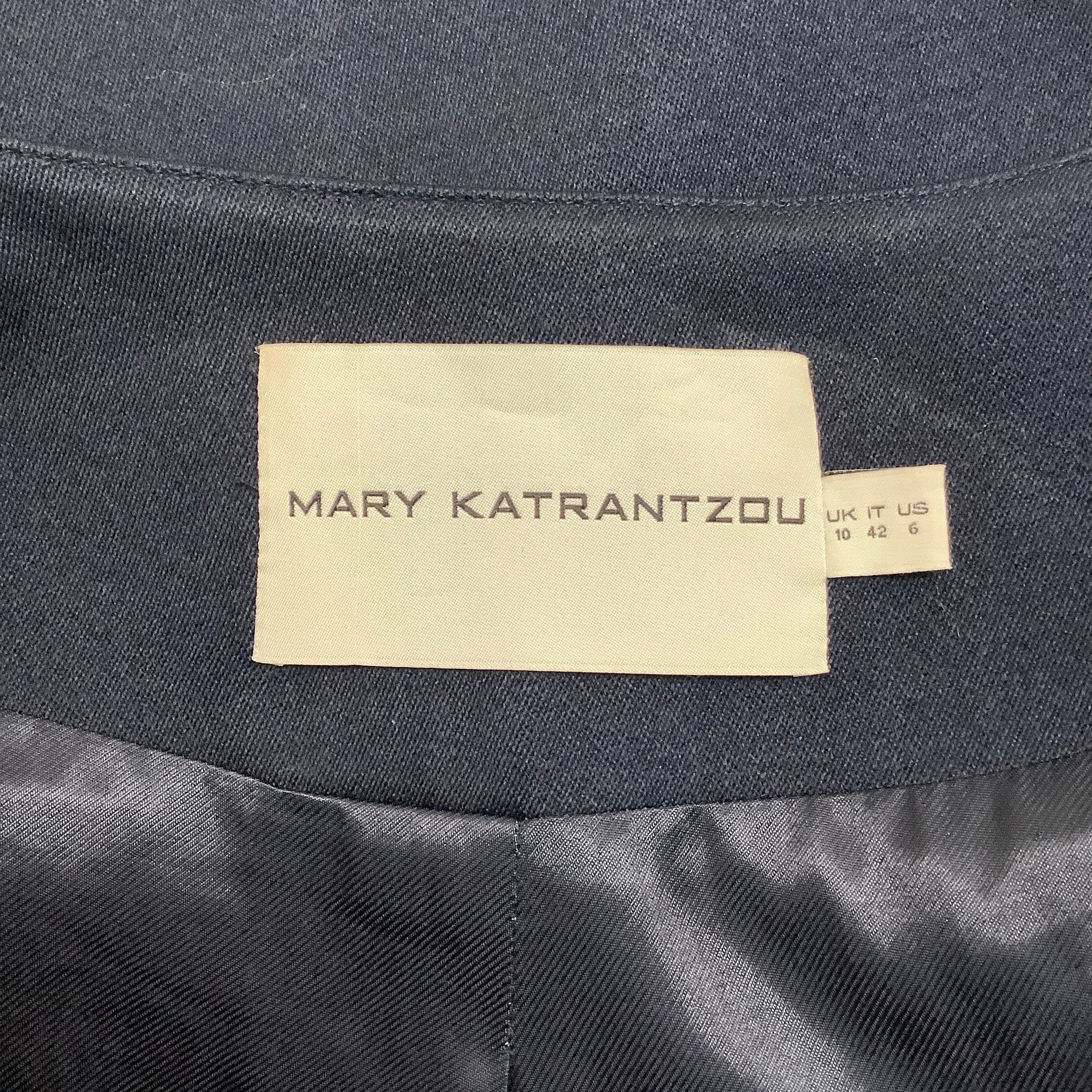 Mary Katrantzou Navy Blue Wool Collarless Coat with Multi Print - Stylish Winter Outerwear for Women, Office Wear & Special Occasions