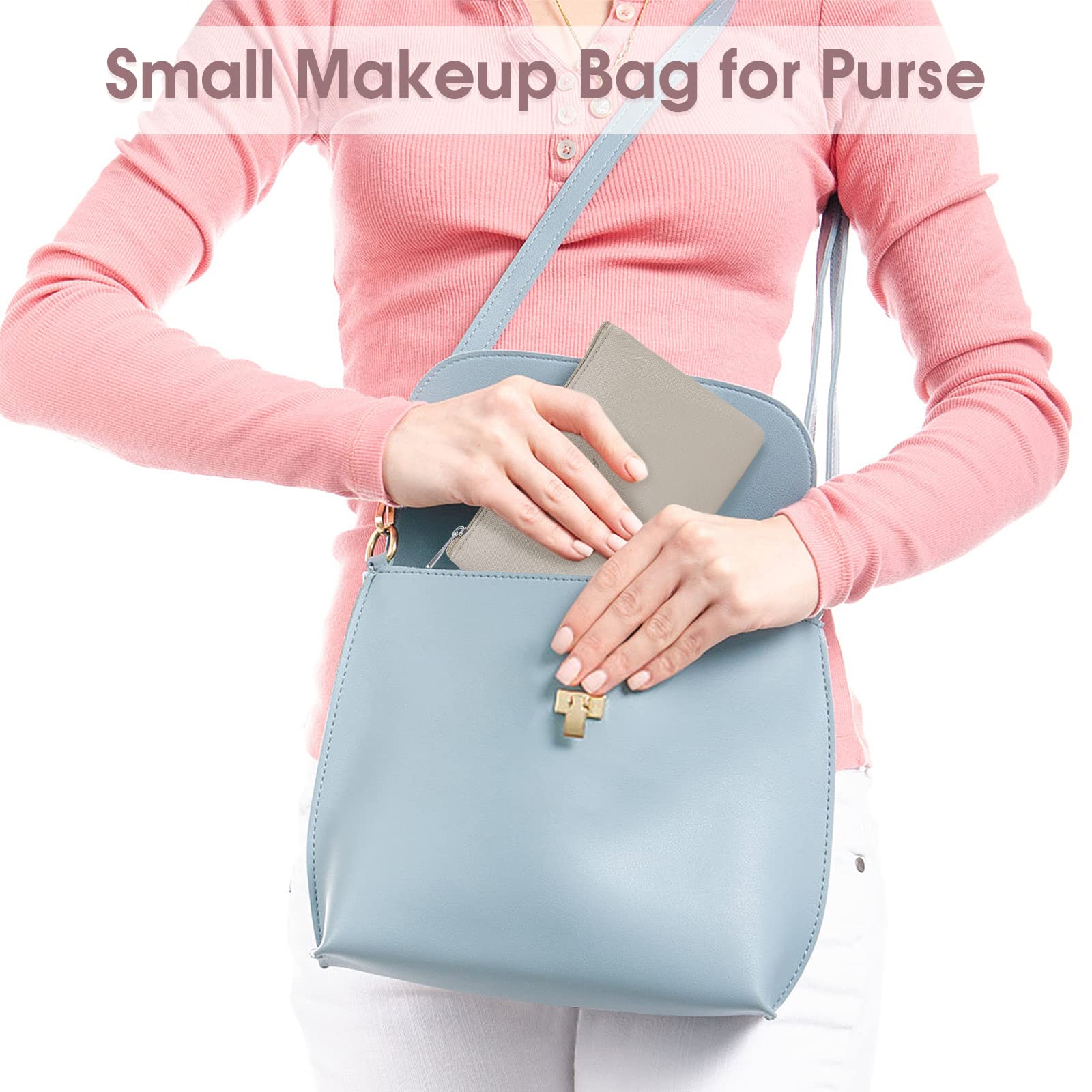 Vegan Leather Mini Makeup Bag for Women - Travel & Purse Cosmetic Pouch (Brown)