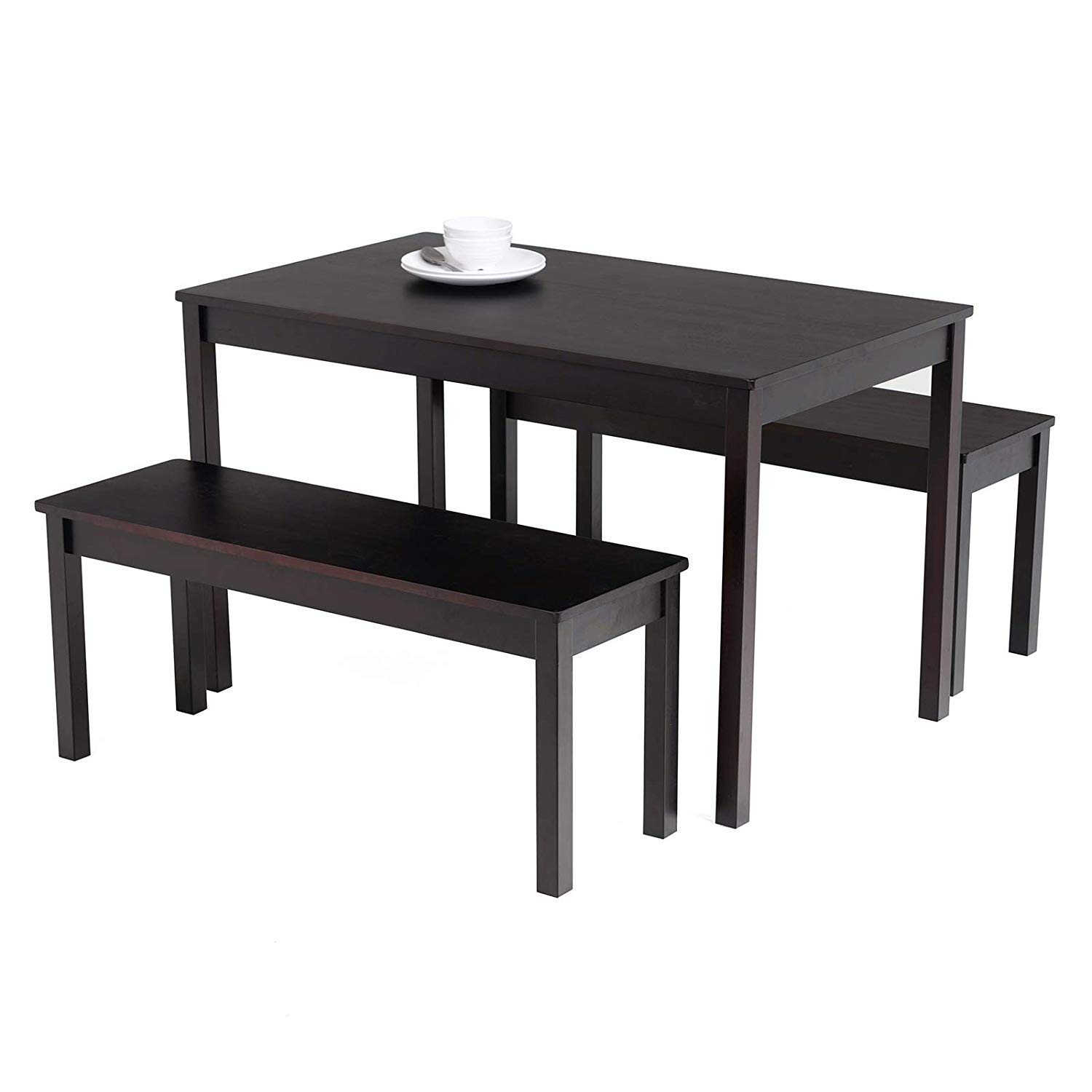 Mecor 3-Piece Solid Pine Wood Dining Table Set with 2 Benches - Black Kitchen & Dining Room Furniture for Small Spaces & Family Gatherings