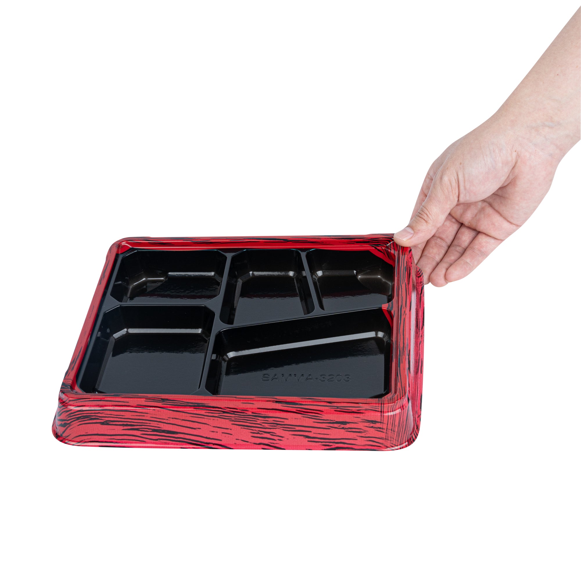 Bento Tek 18 oz Rectangle Red and Black Plastic Bento Box with 5 Compartments - 9.25