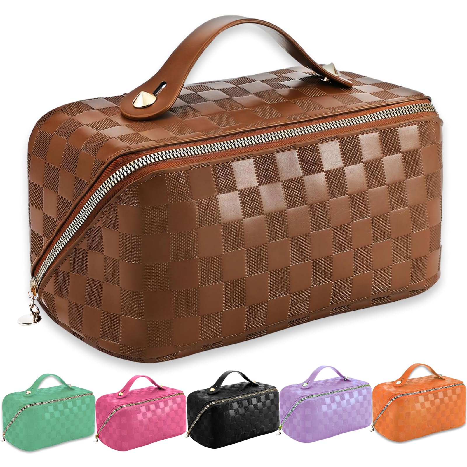 Large Capacity Travel Makeup Brush Bag for Women | 2023 New Waterproof PU Leather Cosmetic Organizer | Portable Toiletry Bag for Travel, Gifts & Daily Use | Perfect for Airplane, Gym & Home Storage (Brown)