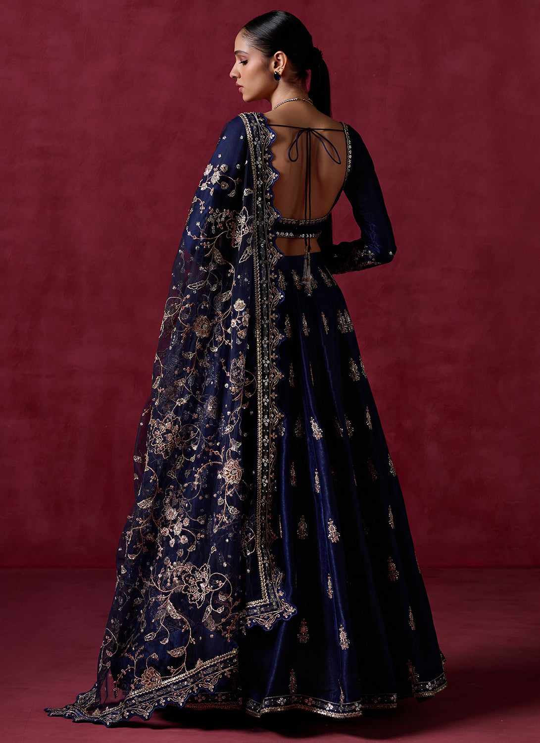 Elegant Navy Blue Embroidered Satin Lehenga Choli Set for Women | Indian Wedding Party Dress | Perfect for Bridal, Festivals & Special Occasions
