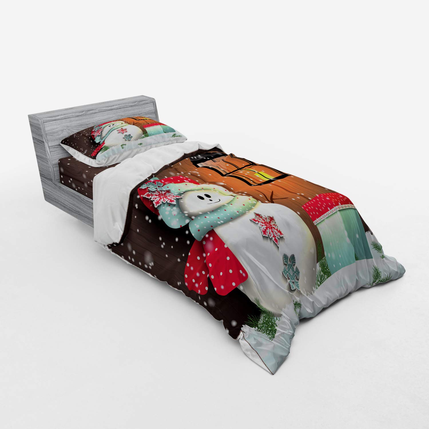 Ambesonne Christmas Duvet Cover Set - Snowman with Santa Hat in Garden, Gift Box & Candle Cartoon Design, 3-Piece Bedding Set with Sham & Fitted Sheet, Twin Size, White & Brown - Perfect for Holiday Bedroom Decor & Cozy Winter Nights