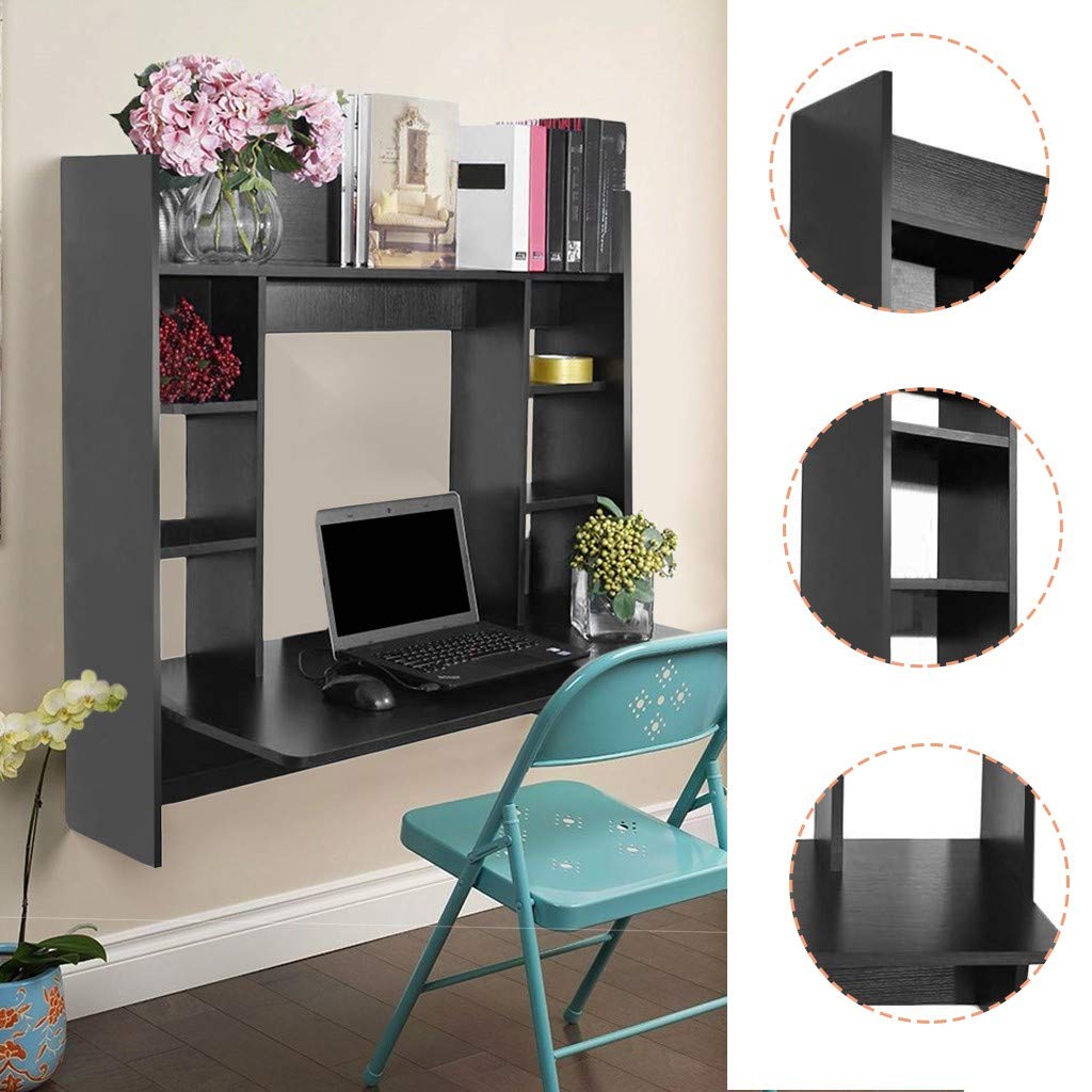 Wall Mounted Floating Desk with Storage Shelves - Space Saving Home Office Computer Desk, Study Workstation, Dining Table - Perfect for Small Apartments, Dorm Rooms & Modern Workspaces