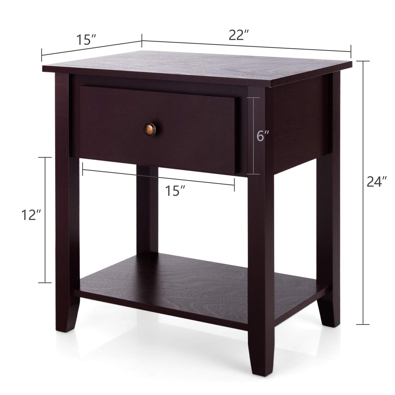 Modern Nightstand with Drawers & Shelf - Solid Pine Wood Bedside Table for Bedroom & Living Room - Espresso Finish