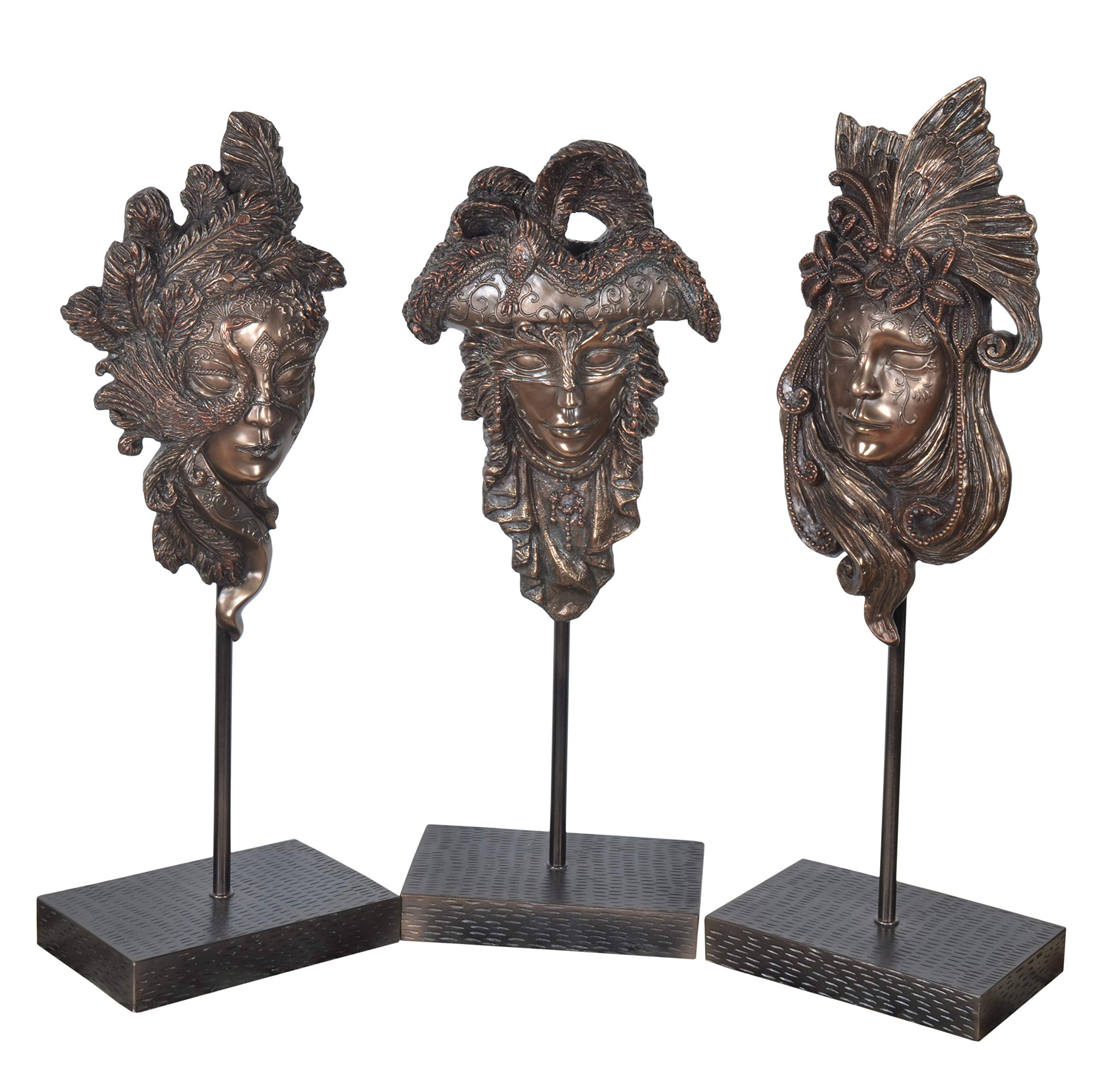 3 Piece Bronzed Mardi Gras Masks on Stand - Elegant Home Decor Sculpture Set for Wall Display, Party Decorations, and Festive Centerpieces